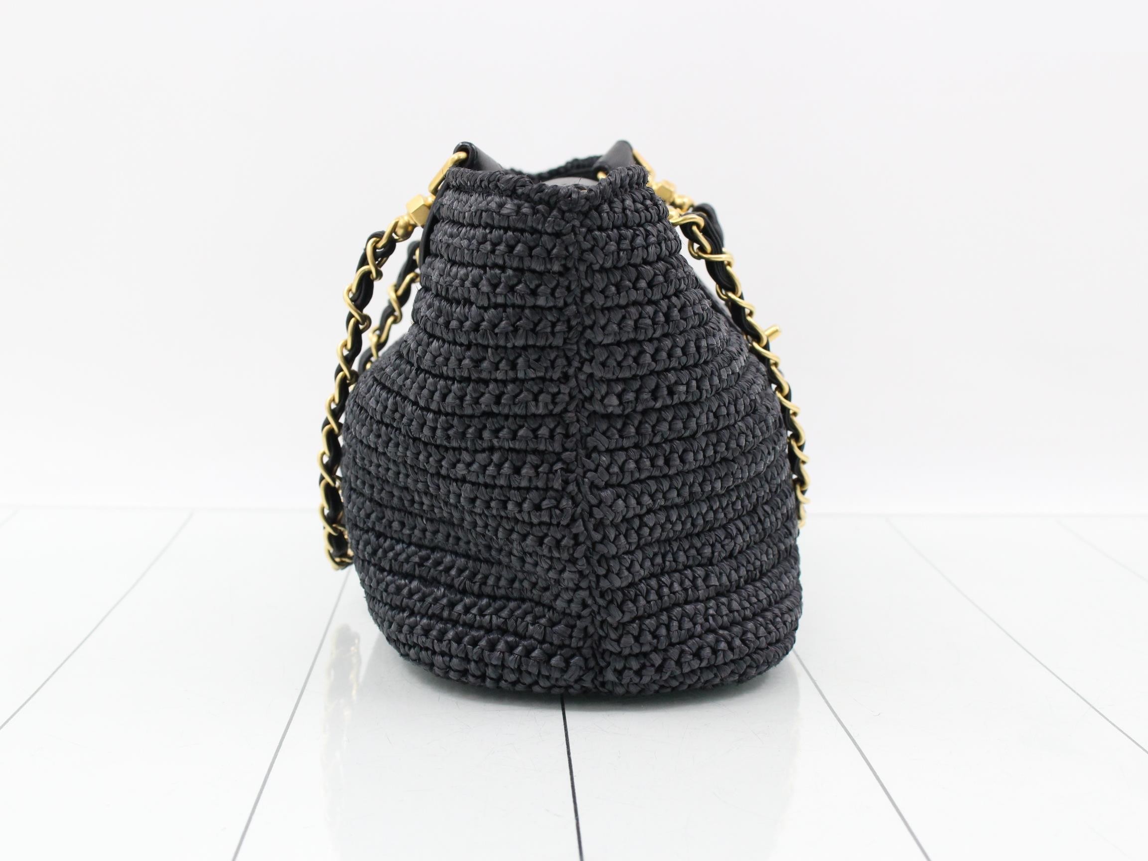 Coco Mark Chain Shopping Bag, Raffia/Lambskin, Black, Series 10, W27 — view 4