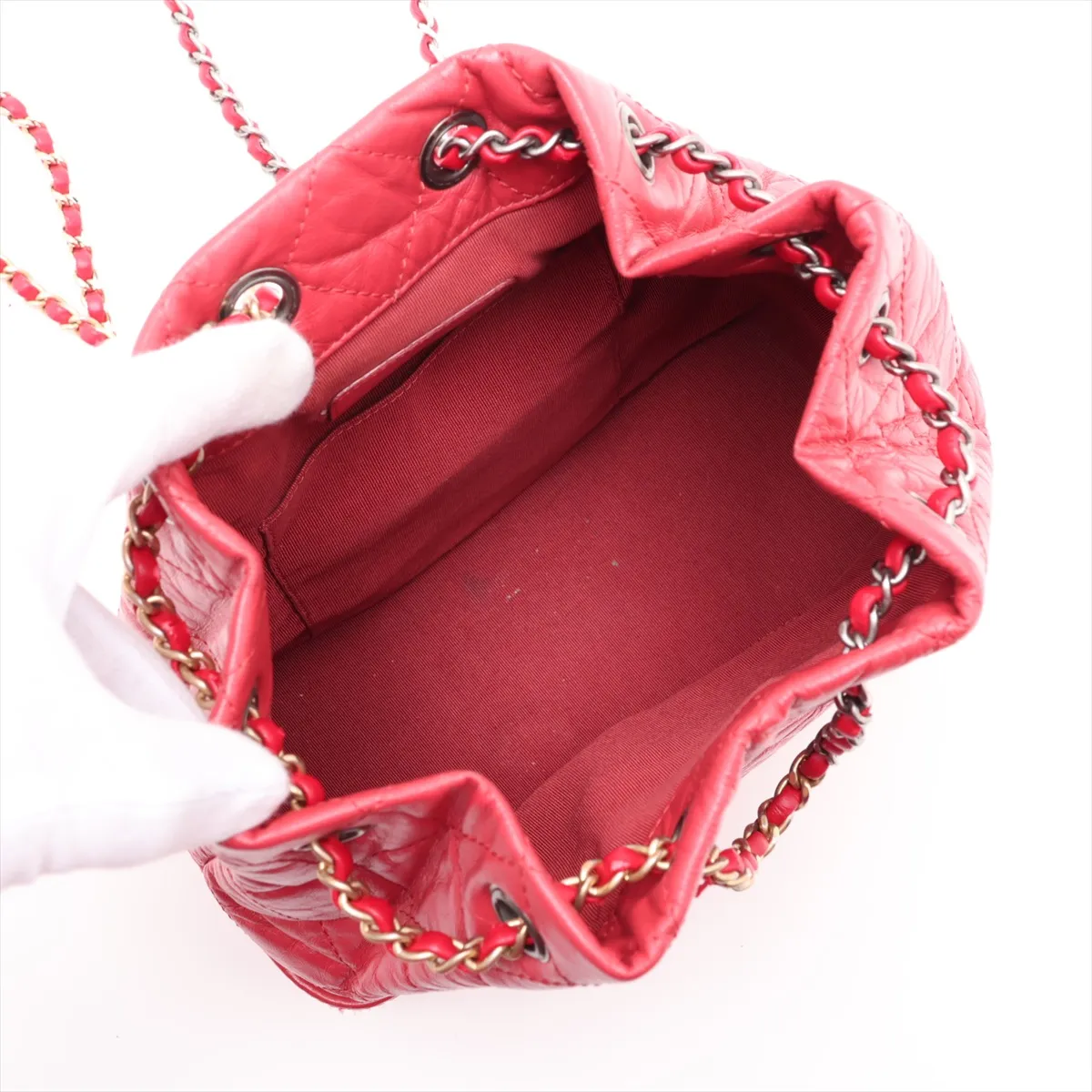Gabrielle de Chanel Vintage Calfskin Chain Backpack, Red with Gold and Silver Hardware, 28408253, Serial Number 28, A94485 — view 7