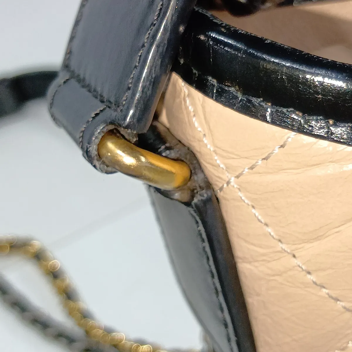 Gabrielle de Chanel Vintage Calfskin Chain Shoulder Bag, Beige x Black, Gold x Silver Hardware, 28993561, Serial Number 28 — view 12