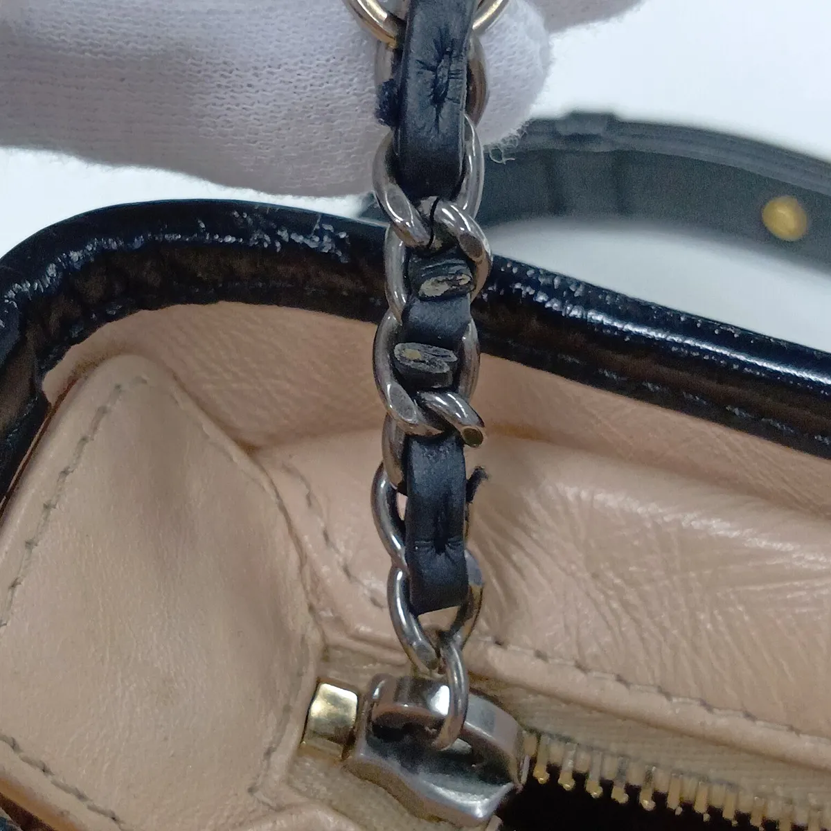Gabrielle de Chanel Vintage Calfskin Chain Shoulder Bag, Beige x Black, Gold x Silver Hardware, 28993561, Serial Number 28 — view 15