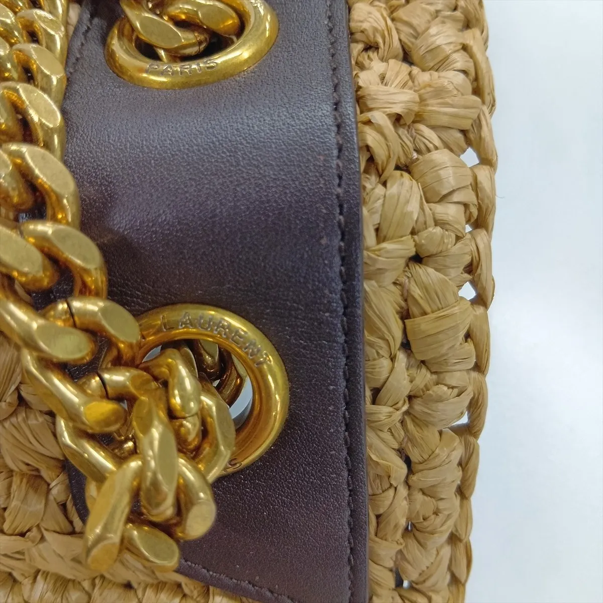 Niki Raffia x Leather Chain Shoulder Bag, Beige x Brown, 620329 — view 12