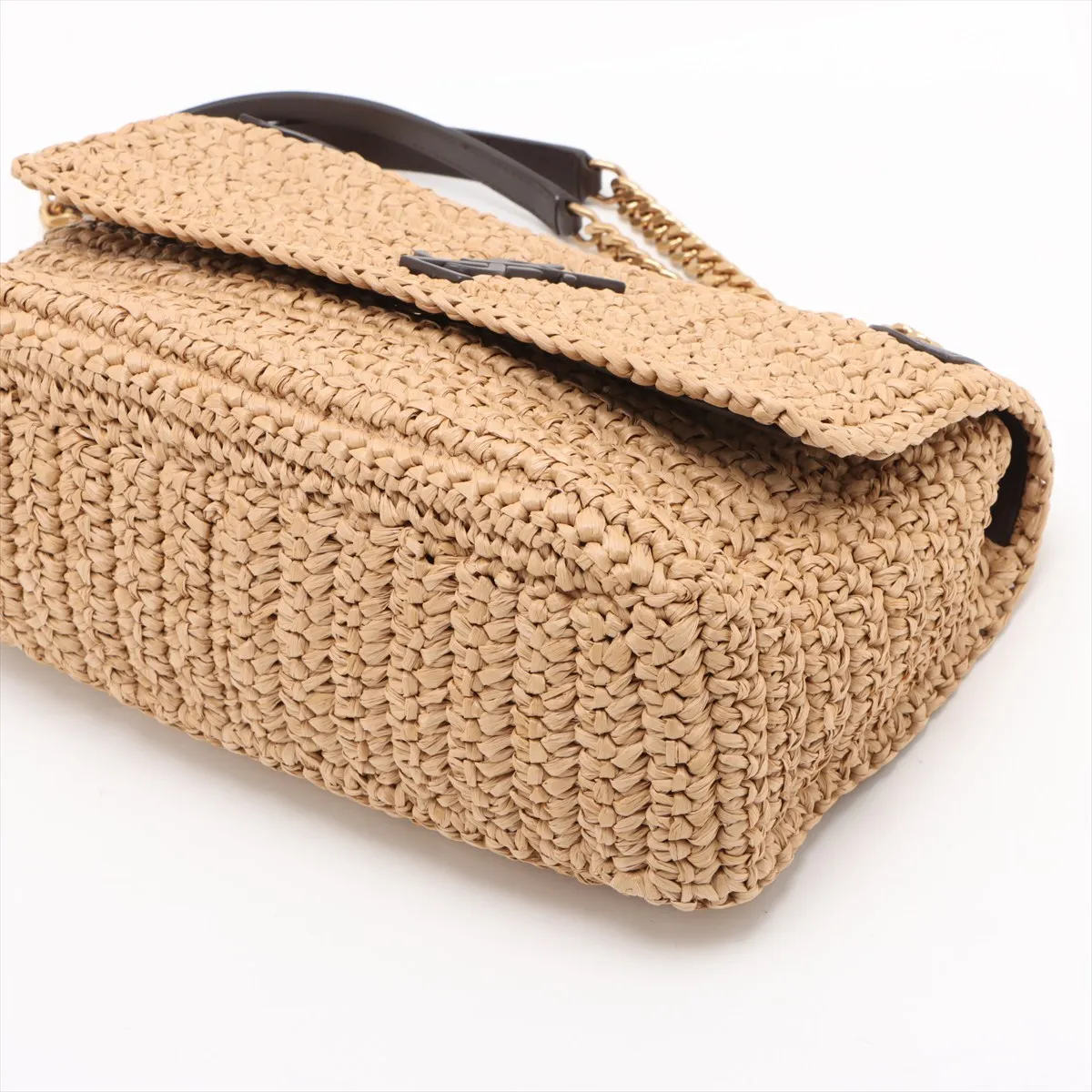 Niki Raffia x Leather Chain Shoulder Bag, Beige x Brown, 620329 — view 3