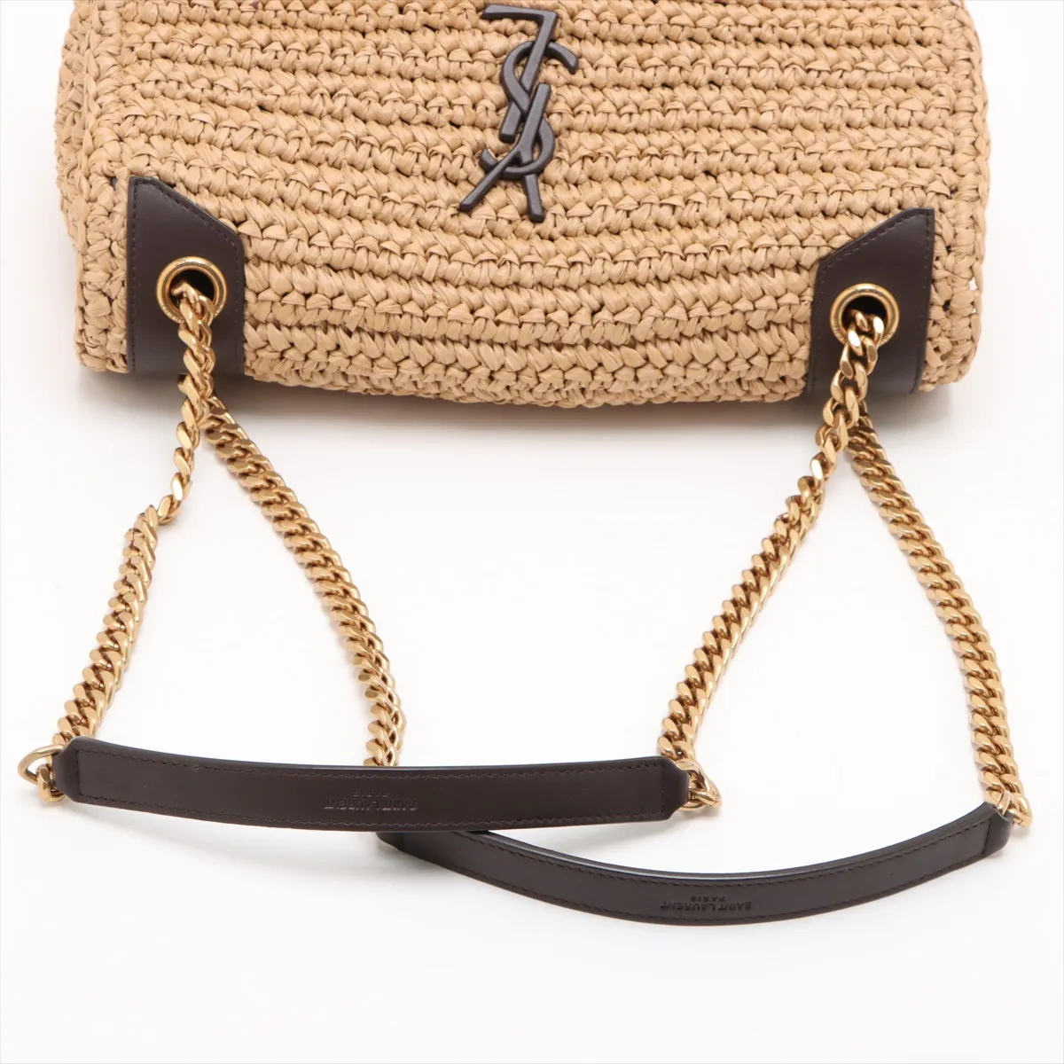 Niki Raffia x Leather Chain Shoulder Bag, Beige x Brown, 620329 — view 5