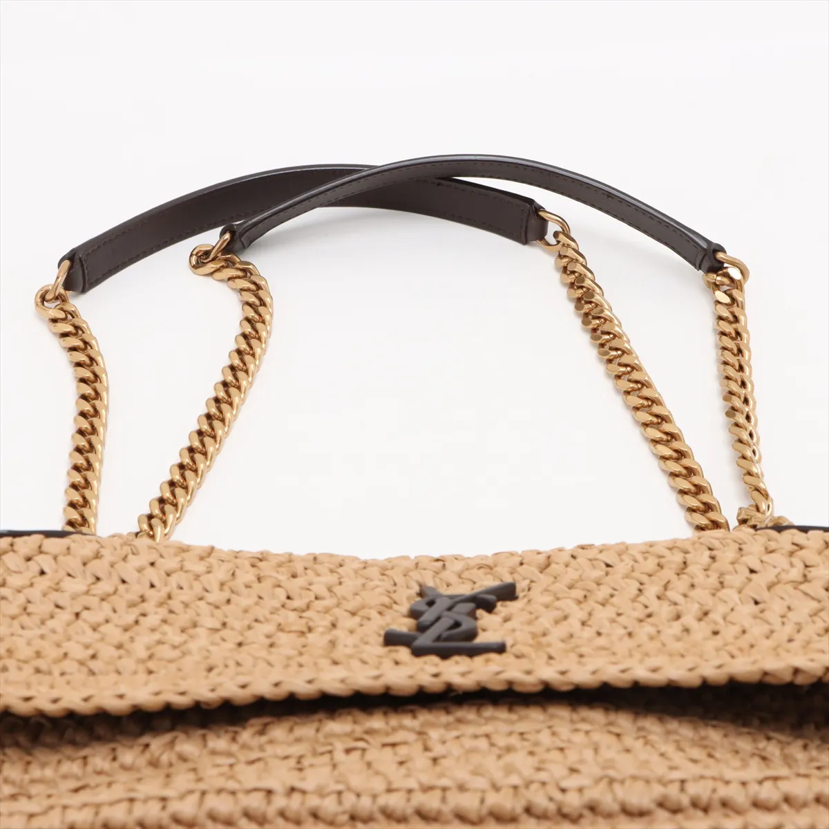 Niki Raffia x Leather Chain Shoulder Bag, Beige x Brown, 620329 — view 6
