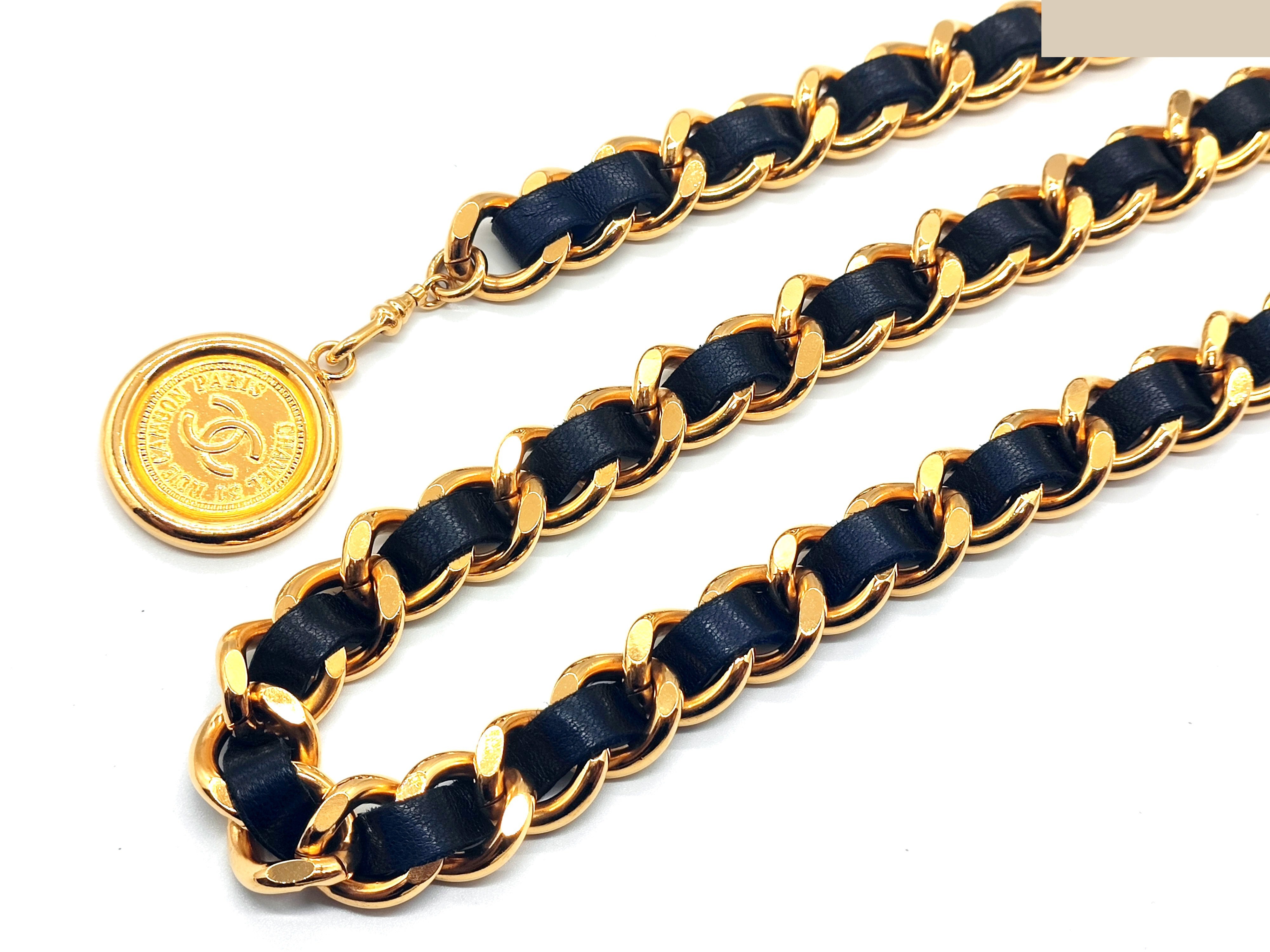 Coco Mark Leather Chain Belt, Total Length Approx. 80cm — view 9