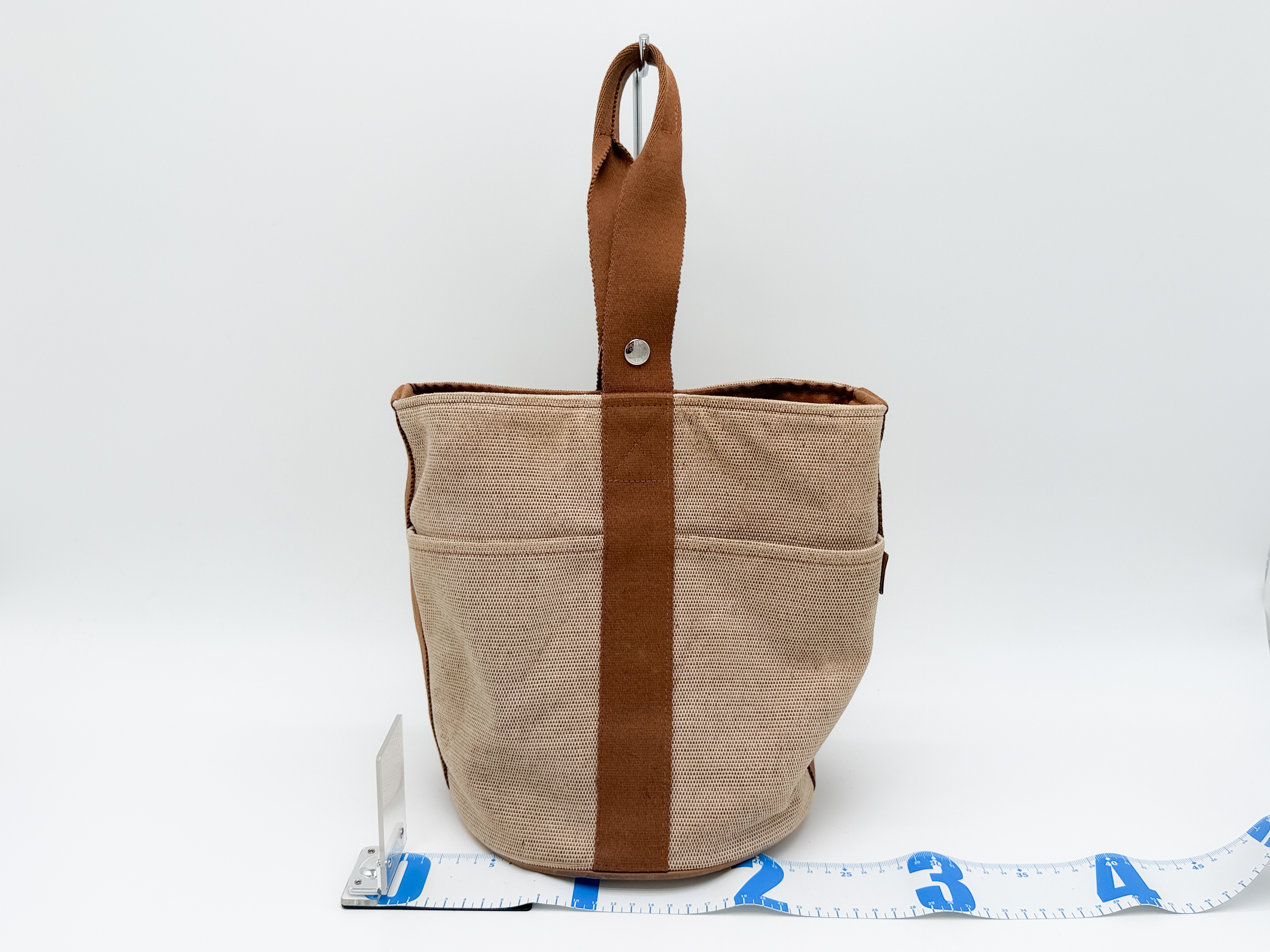 Saxo MM Canvas Tote Bag in Beige x Brown with Silver Hardware — view 2