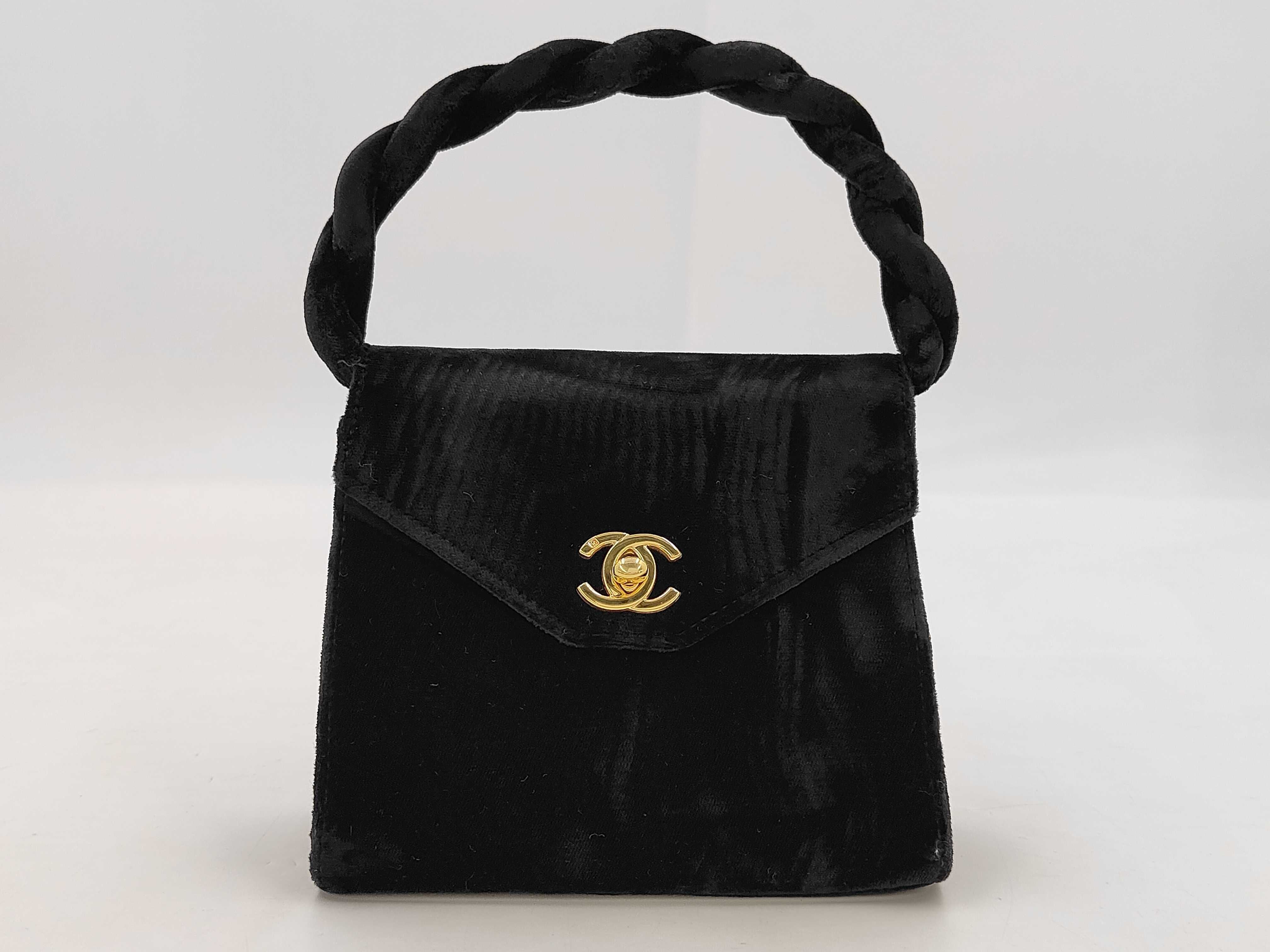 Mini Handbag, Twist Handle, Velour, Black, Gold Hardware