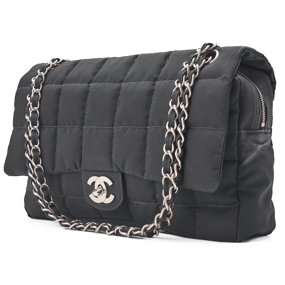 Nylon x Leather Chocolate Bar Single Flap Chain Shoulder Bag Black — view 3