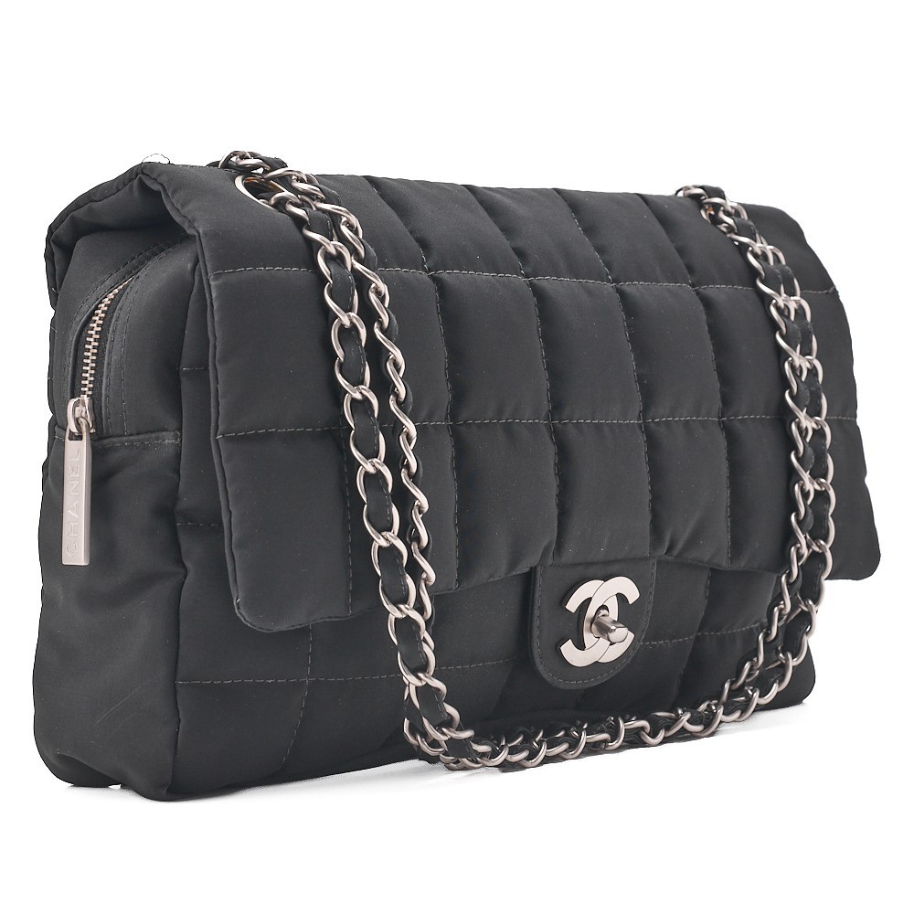 Nylon x Leather Chocolate Bar Single Flap Chain Shoulder Bag Black — view 4