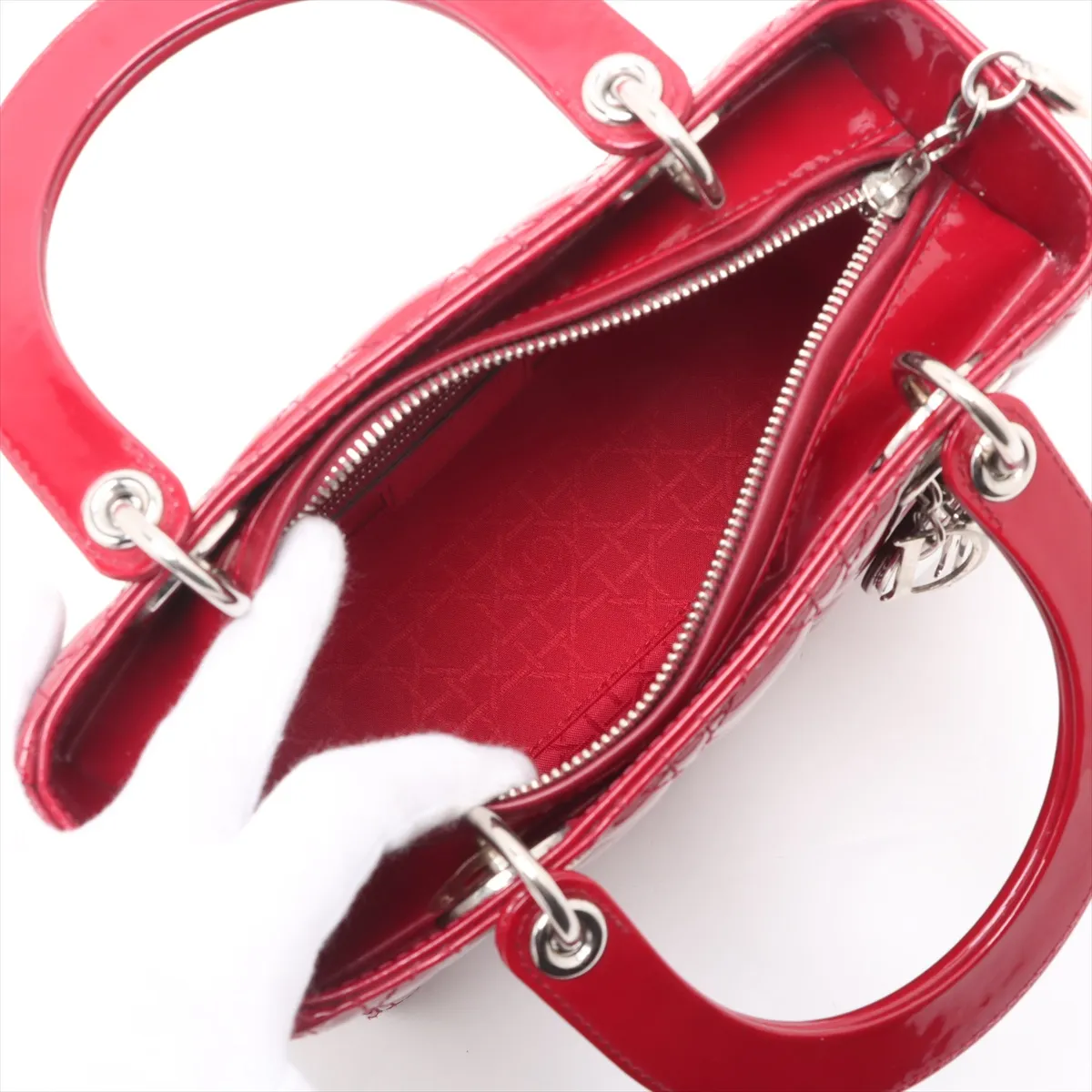 Cannage Lady Dior Patent Leather Handbag Red — view 7