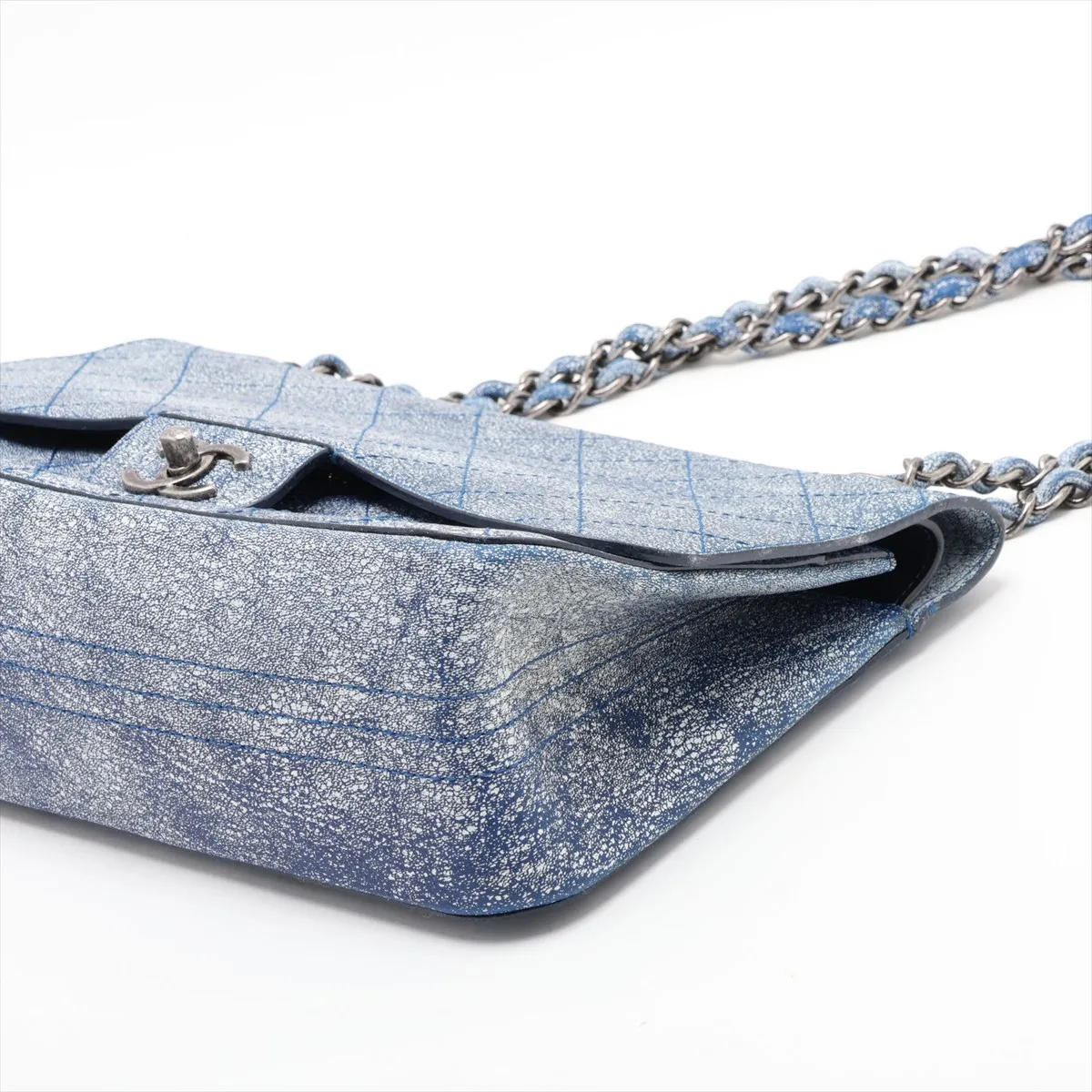 Matelassé Leather Double Flap Double Chain Bag, Blue, Gunmetal Hardware, 23520545, Serial Number 23 — view 3