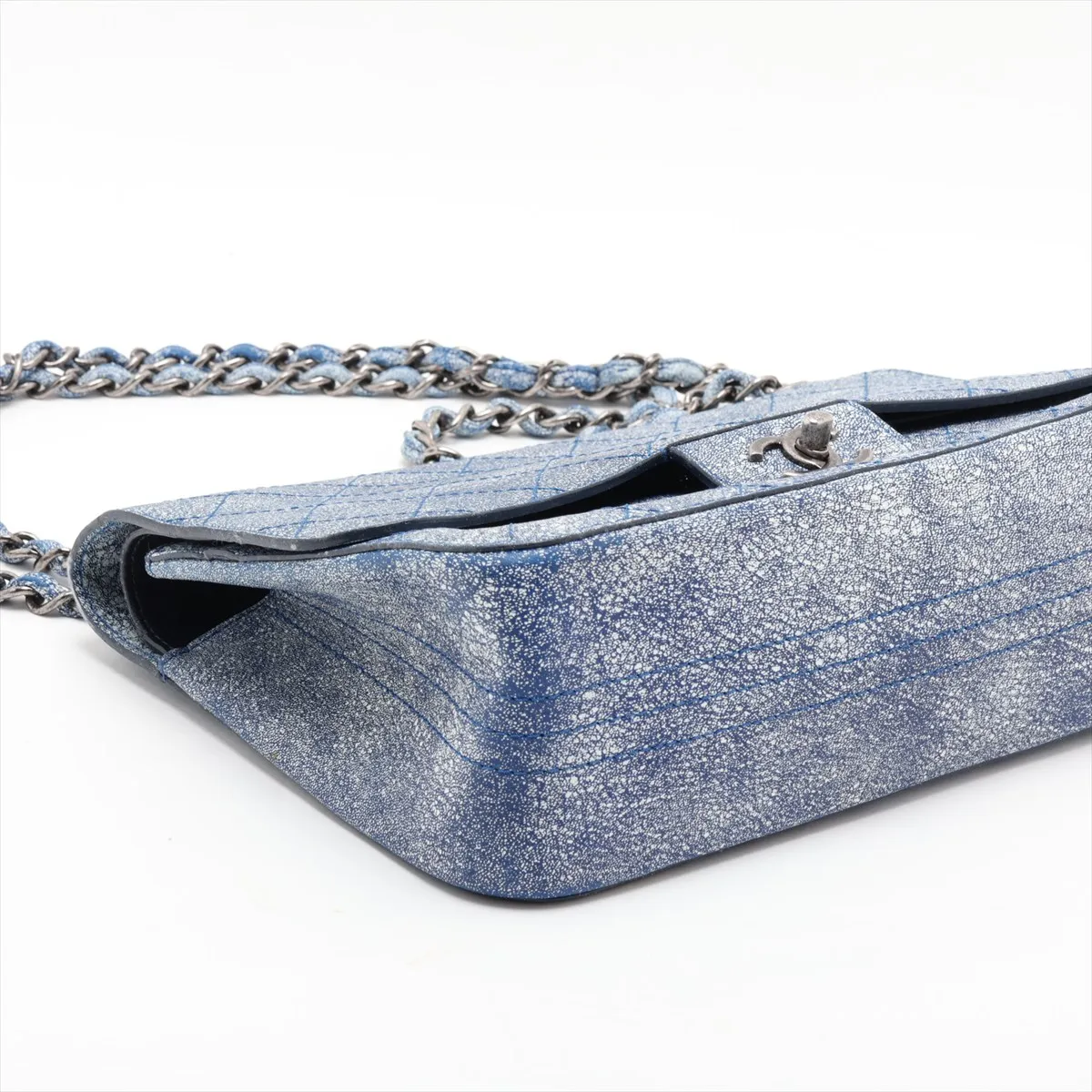 Matelassé Leather Double Flap Double Chain Bag, Blue, Gunmetal Hardware, 23520545, Serial Number 23 — view 4