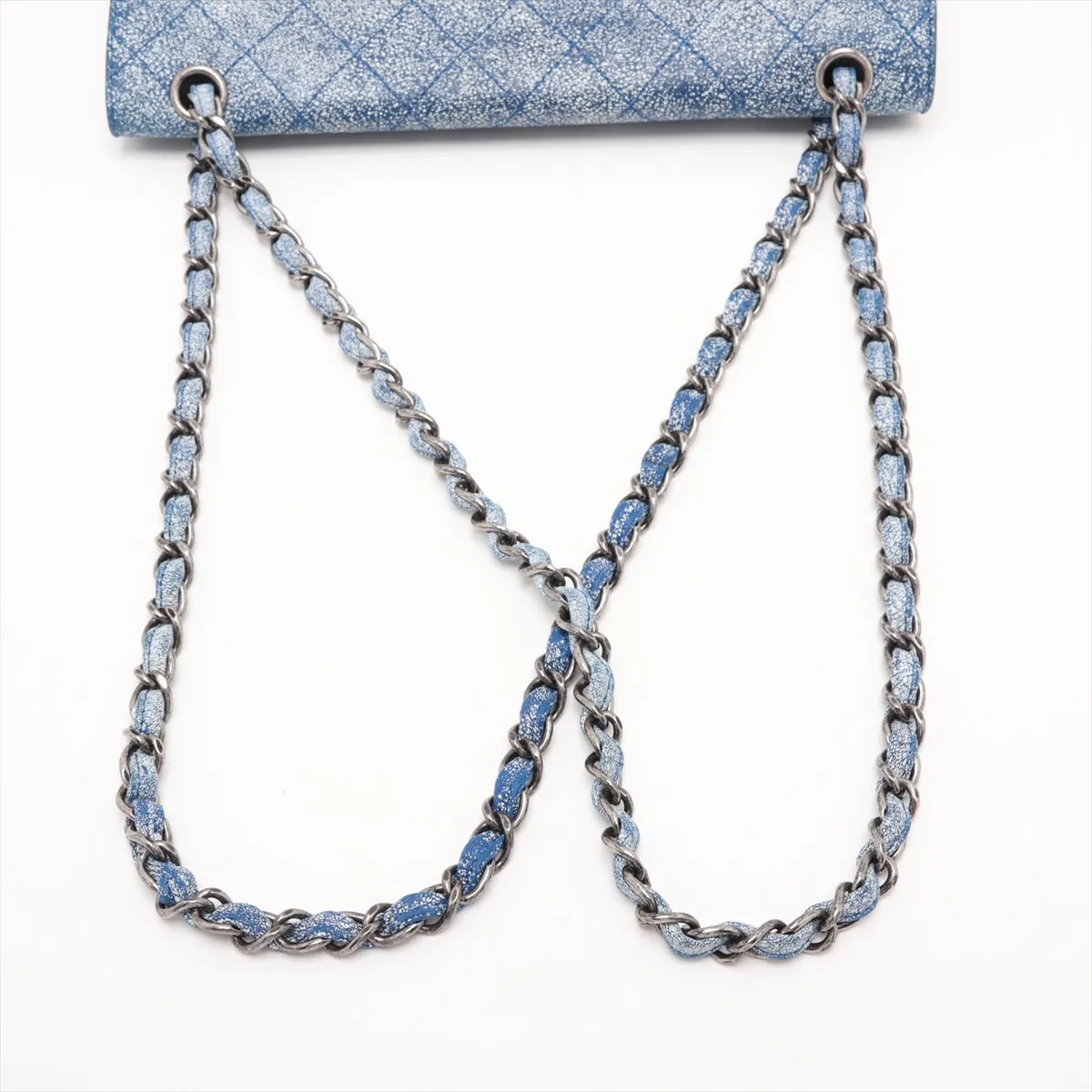 Matelassé Leather Double Flap Double Chain Bag, Blue, Gunmetal Hardware, 23520545, Serial Number 23 — view 5
