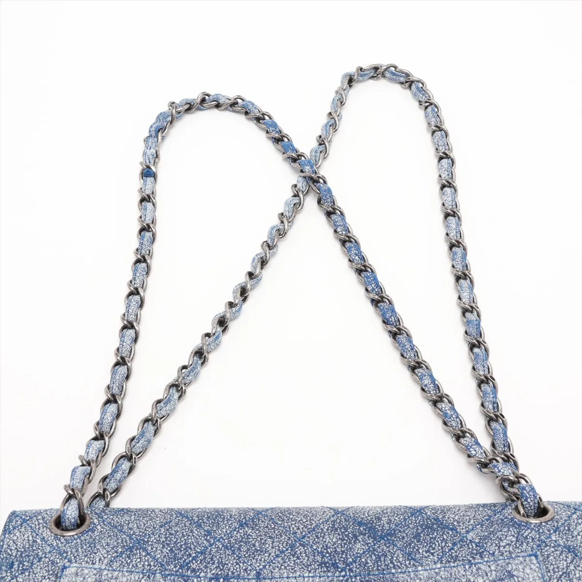 Matelassé Leather Double Flap Double Chain Bag, Blue, Gunmetal Hardware, 23520545, Serial Number 23 — view 6