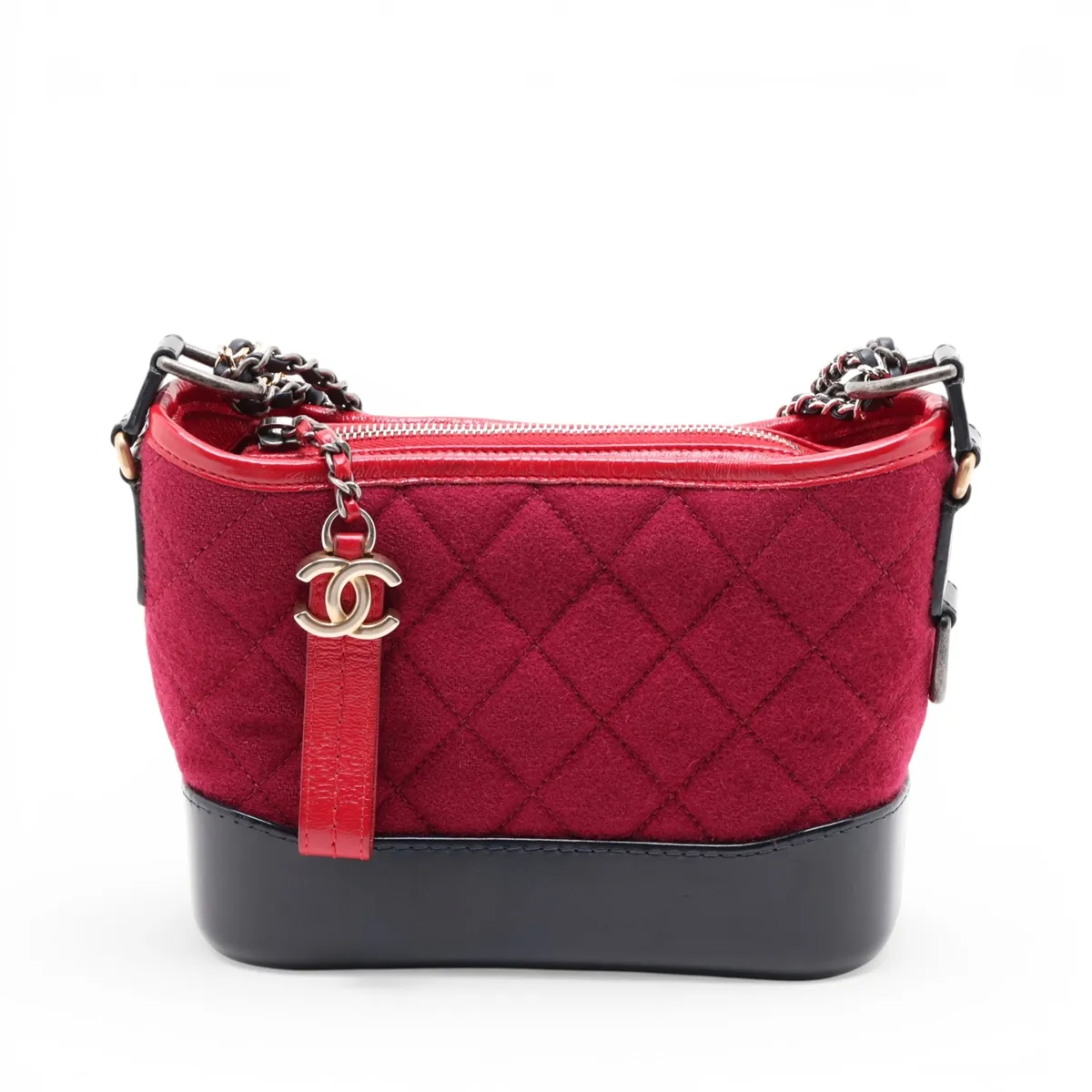 Gabrielle de Chanel Wool x Vintage Calf Chain Shoulder Bag, Red x Navy, Gold x Silver Hardware, 24559315, Serial Number 24 — view 2