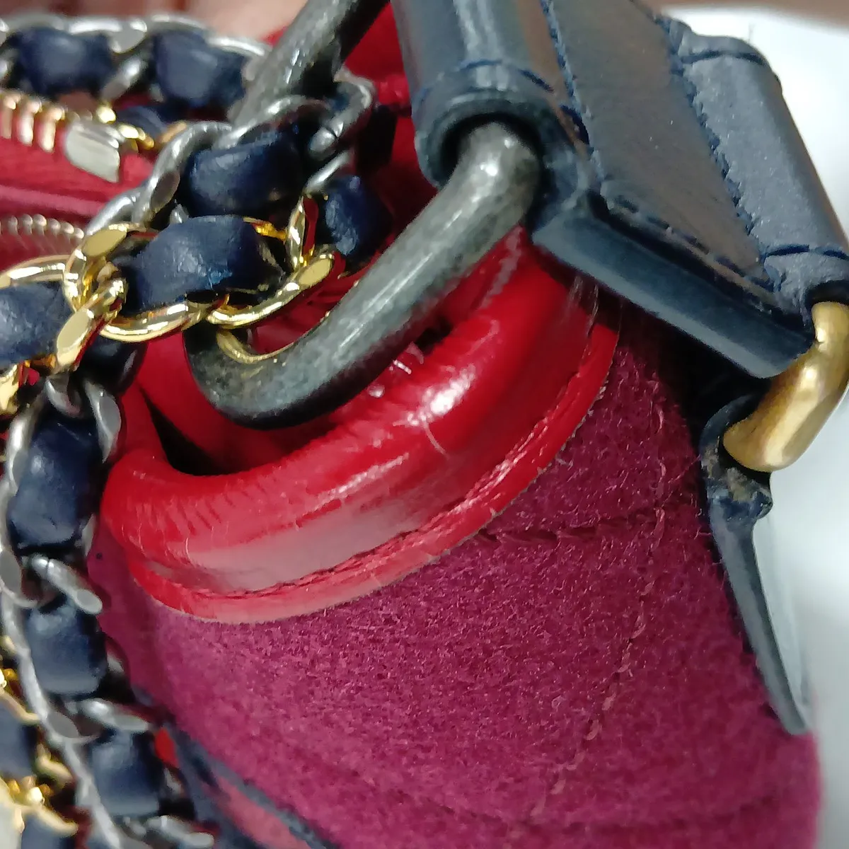 Gabrielle de Chanel Wool x Vintage Calf Chain Shoulder Bag, Red x Navy, Gold x Silver Hardware, 24559315, Serial Number 24 — view 10