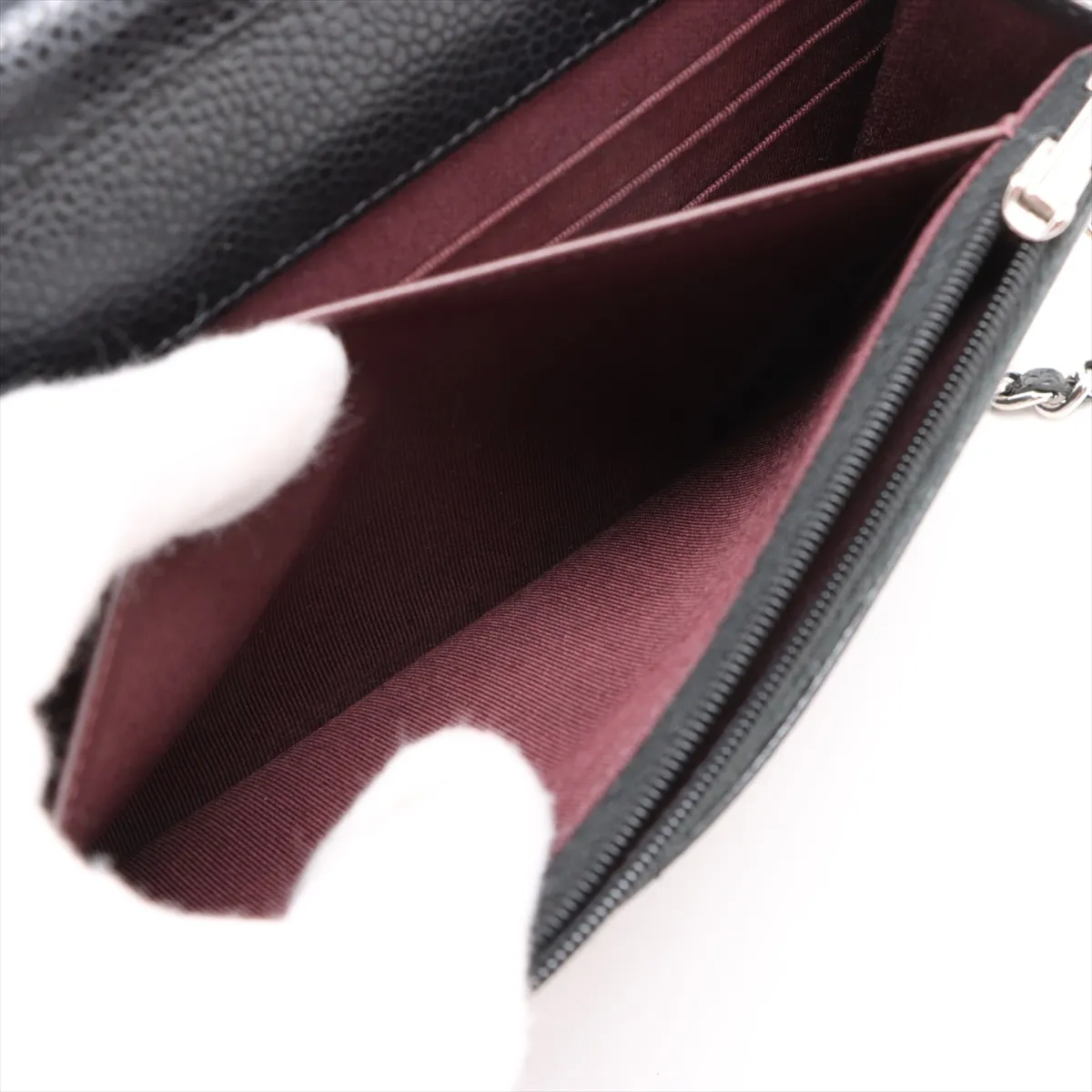 Matelasse caviar skin chain wallet black silver hardware UU50XEJK random plate — view 7