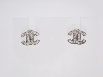 earrings, A12V, Coco Mark, rhinestone, silver, 1cm wide