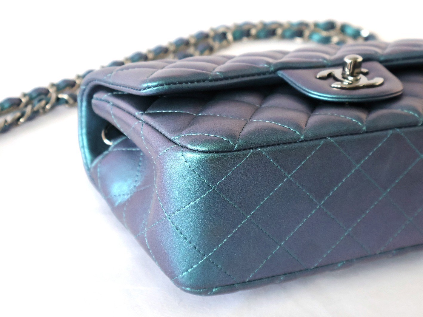 Mini Matelassé 20 Lambskin Chain Shoulder Bag, Blue Metallic — view 3