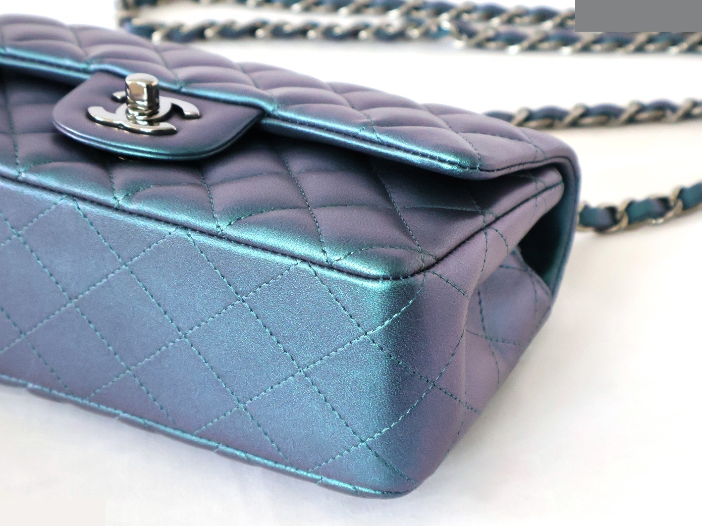 Mini Matelassé 20 Lambskin Chain Shoulder Bag, Blue Metallic — view 4