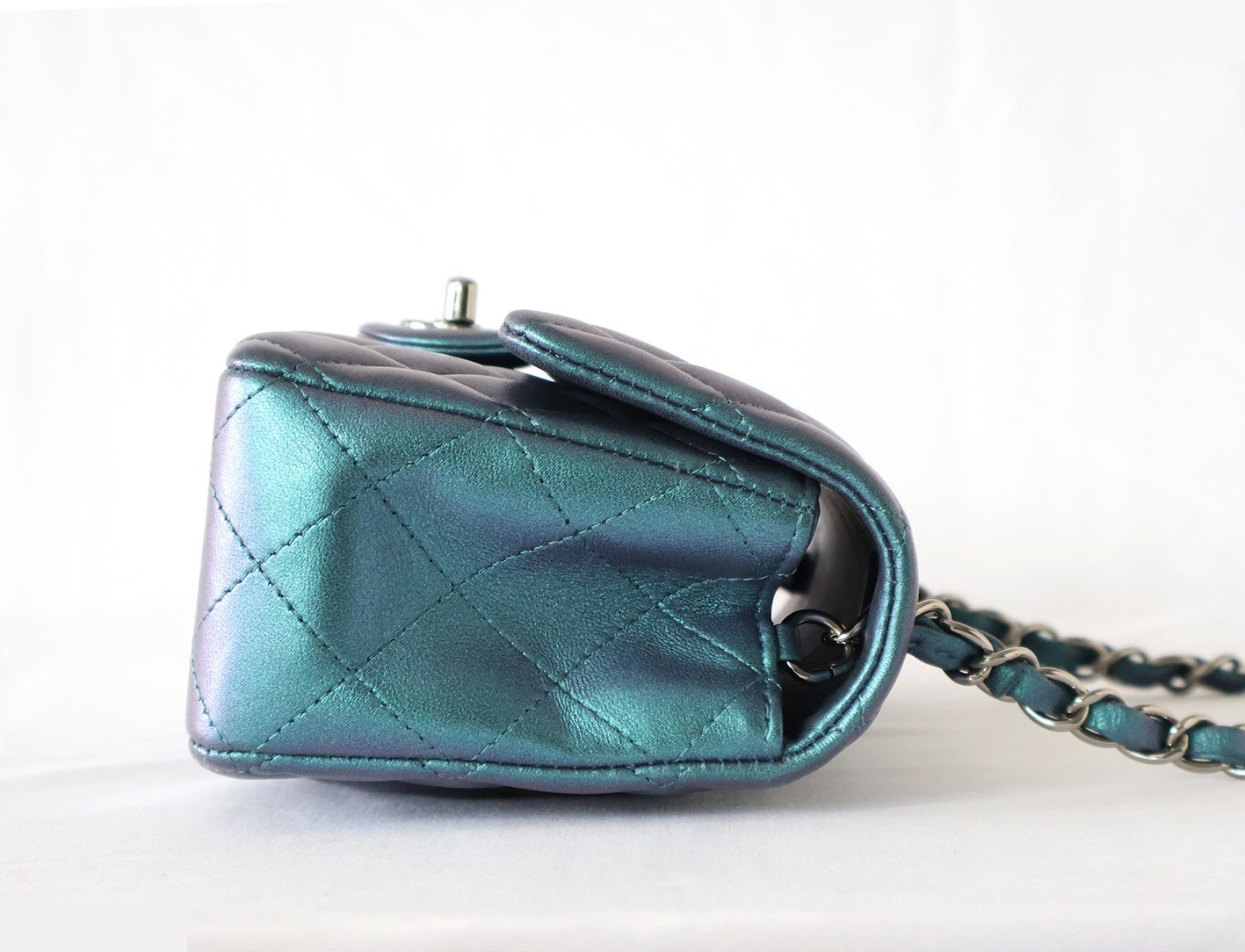 Mini Matelassé 20 Lambskin Chain Shoulder Bag, Blue Metallic — view 6