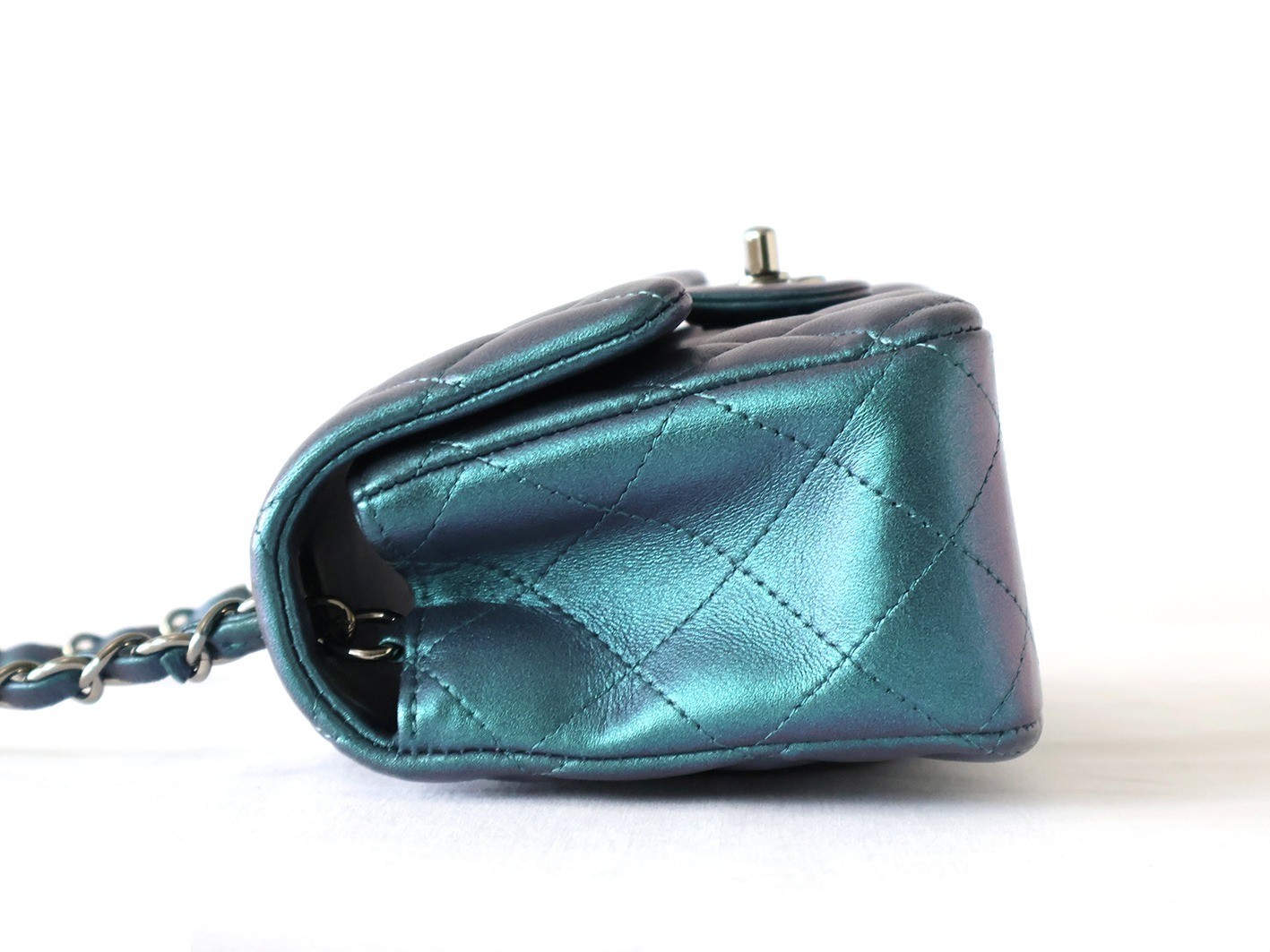 Mini Matelassé 20 Lambskin Chain Shoulder Bag, Blue Metallic — view 7