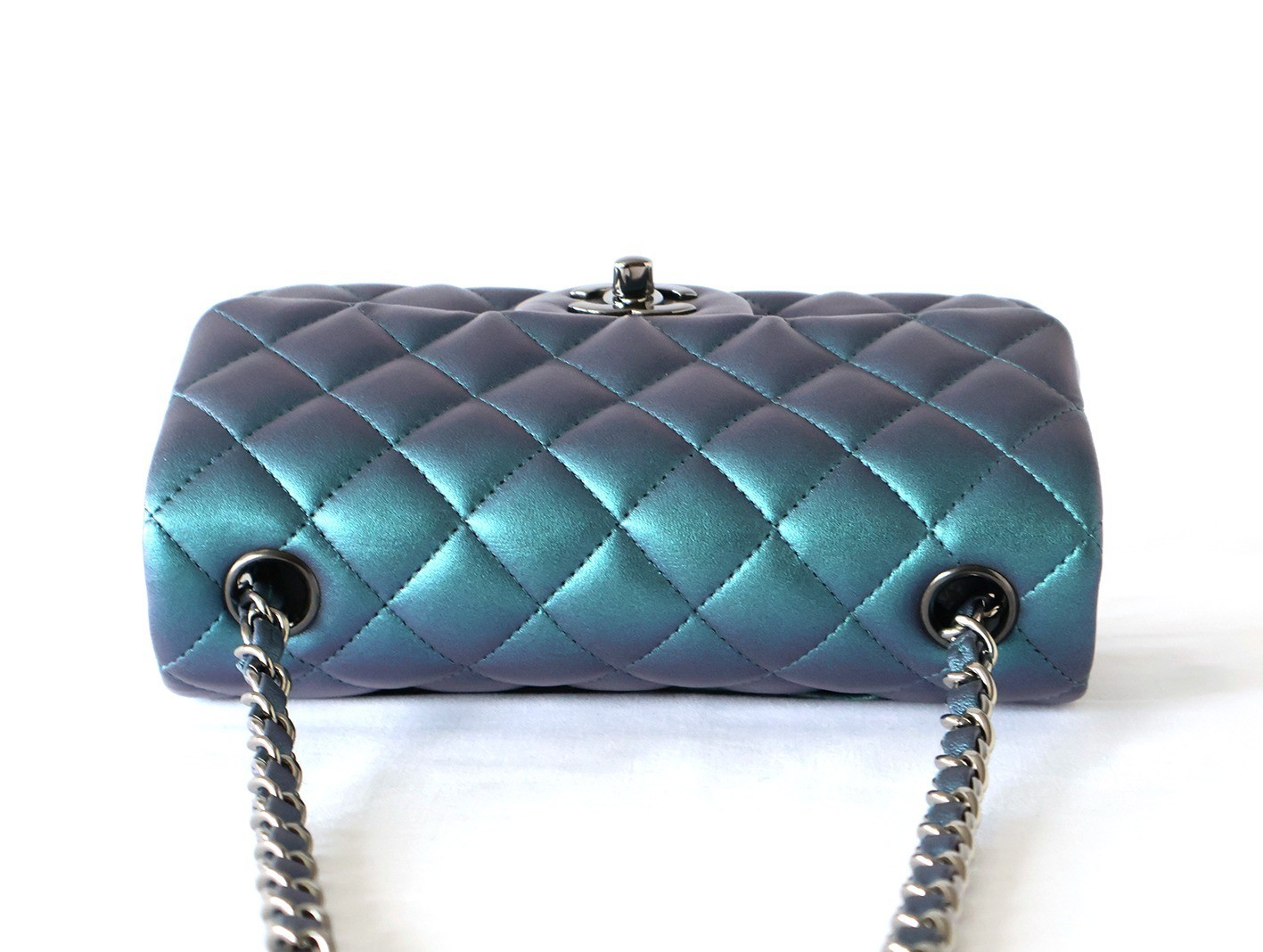 Mini Matelassé 20 Lambskin Chain Shoulder Bag, Blue Metallic — view 8