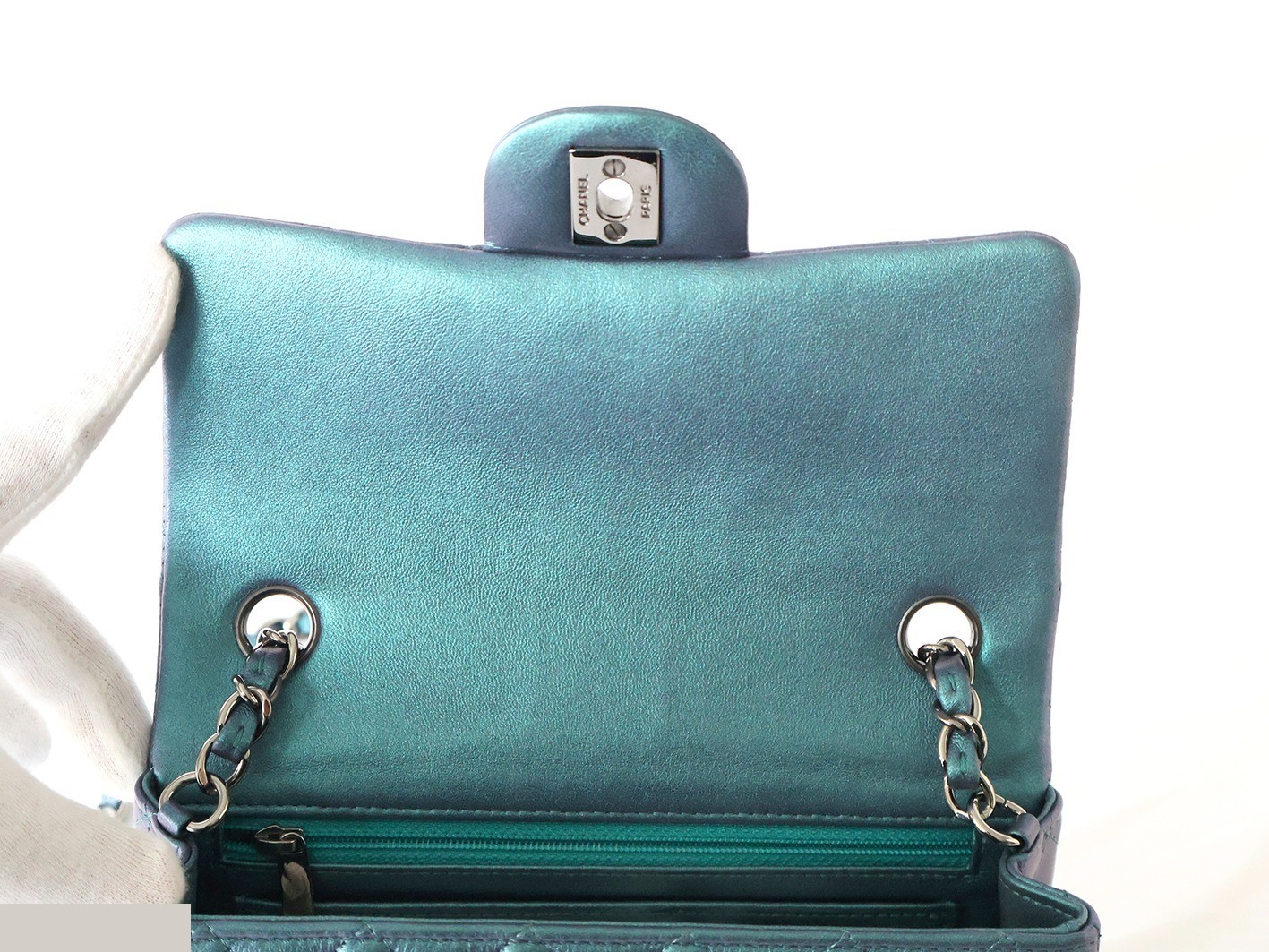 Mini Matelassé 20 Lambskin Chain Shoulder Bag, Blue Metallic — view 10