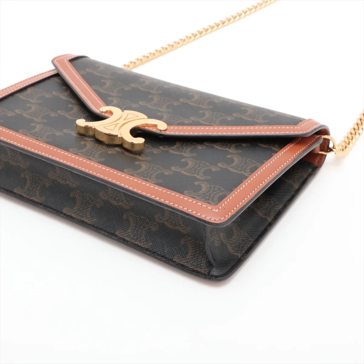 Triomphe Margot PVC x Leather Chain Shoulder Bag, Brown — view 3