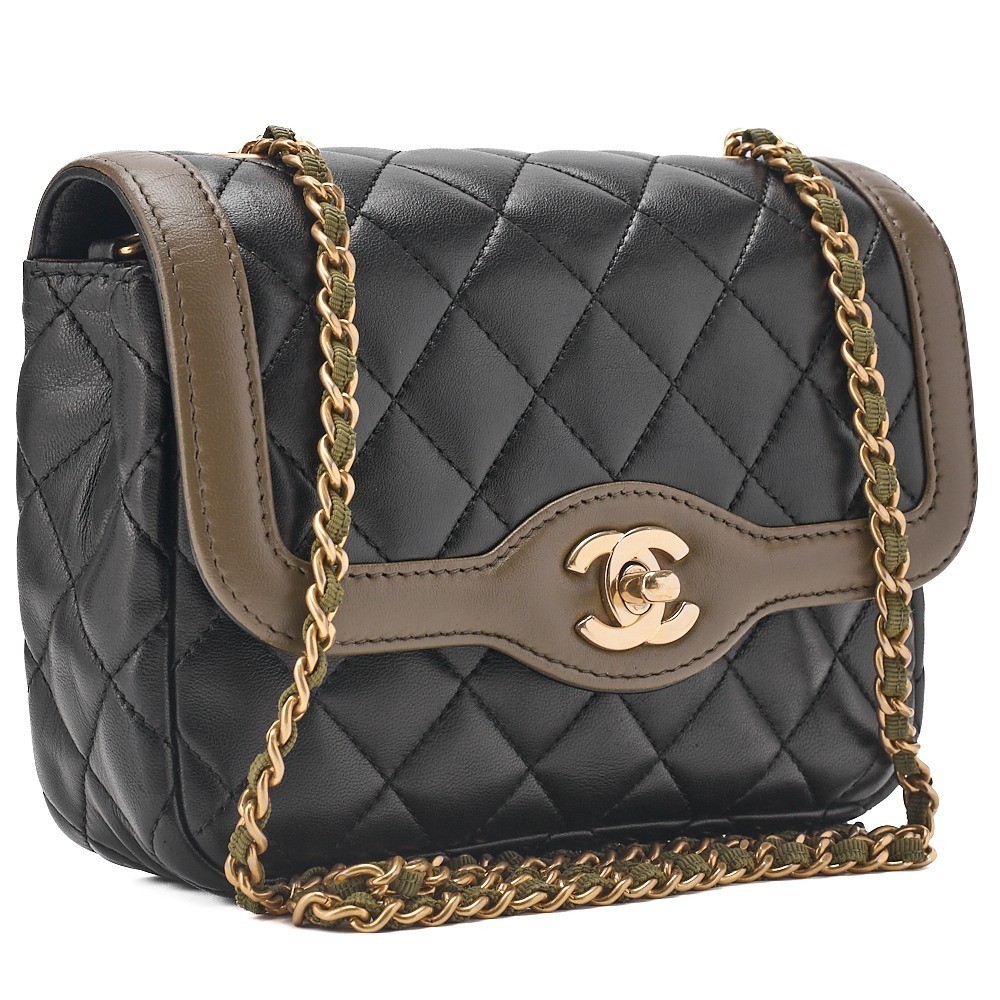 Lambskin Matelassé Single Chain Shoulder Bag, Bi-color, Black x Khaki — view 3