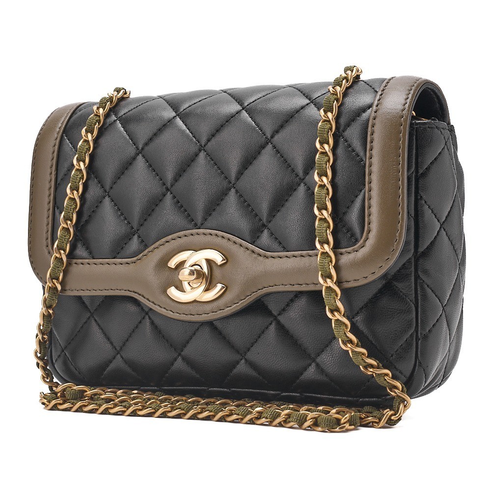 Lambskin Matelassé Single Chain Shoulder Bag, Bi-color, Black x Khaki — view 4