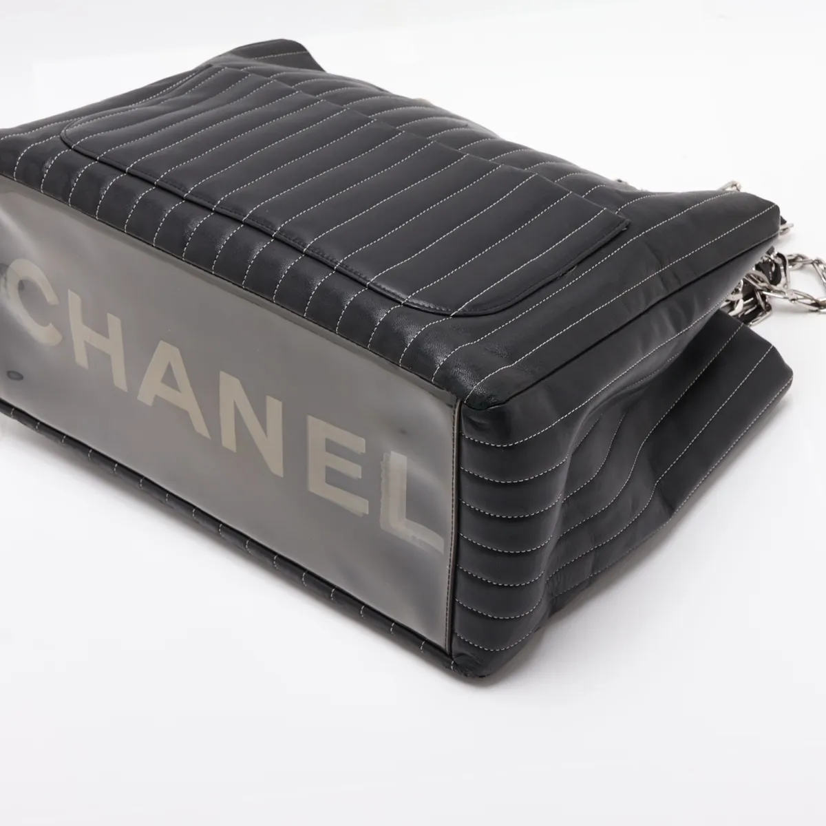 New Mademoiselle Lambskin x Vinyl Chain Tote Bag, Black with Silver Hardware, 10273592 (Serial Number in the 10s) — view 3