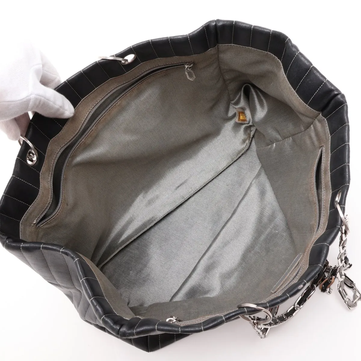 New Mademoiselle Lambskin x Vinyl Chain Tote Bag, Black with Silver Hardware, 10273592 (Serial Number in the 10s) — view 7