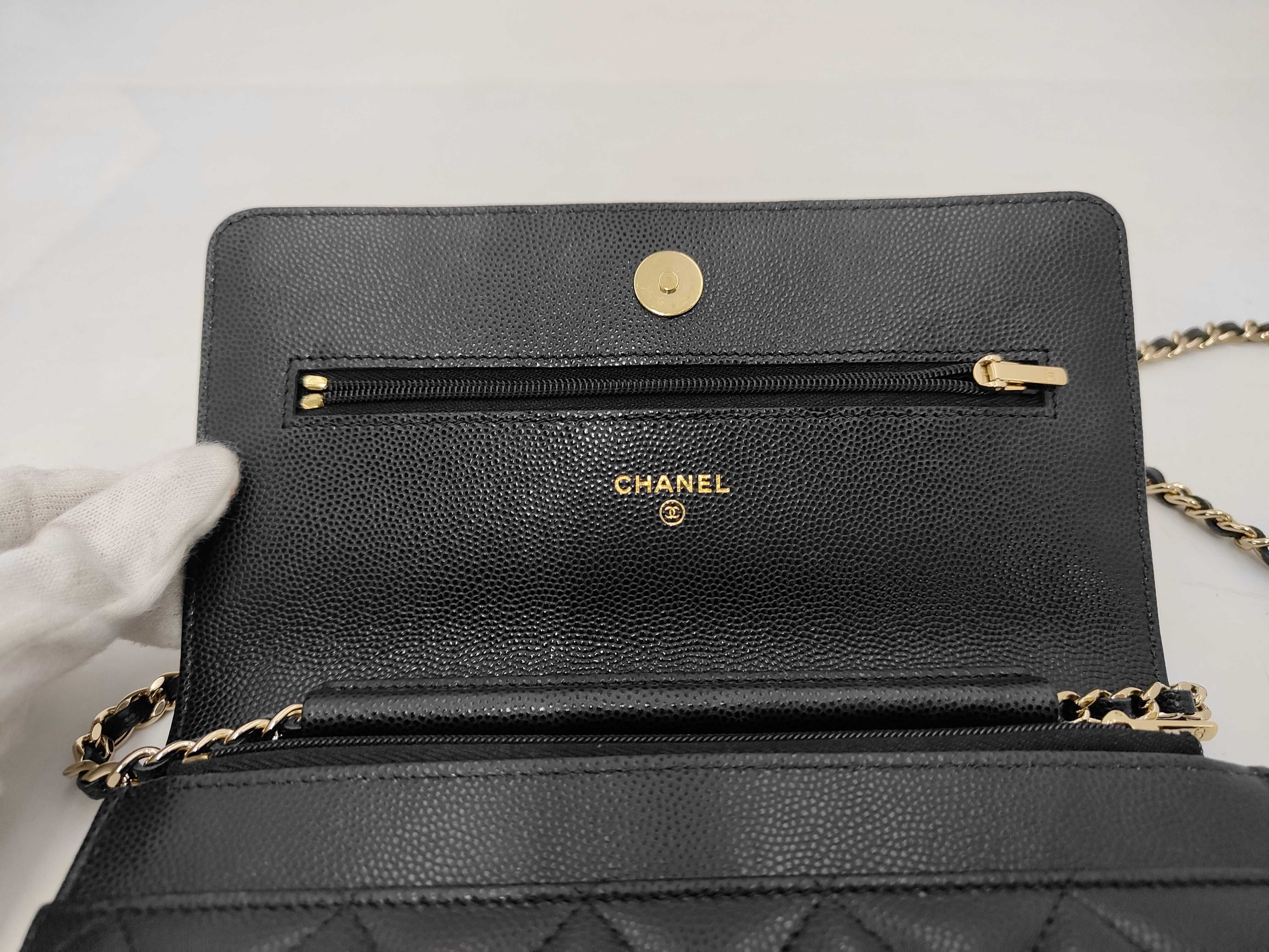 Matelassé Chain Wallet, Black Caviar Leather, Rhinestone, Coco Mark, Gold Hardware Bag — view 8