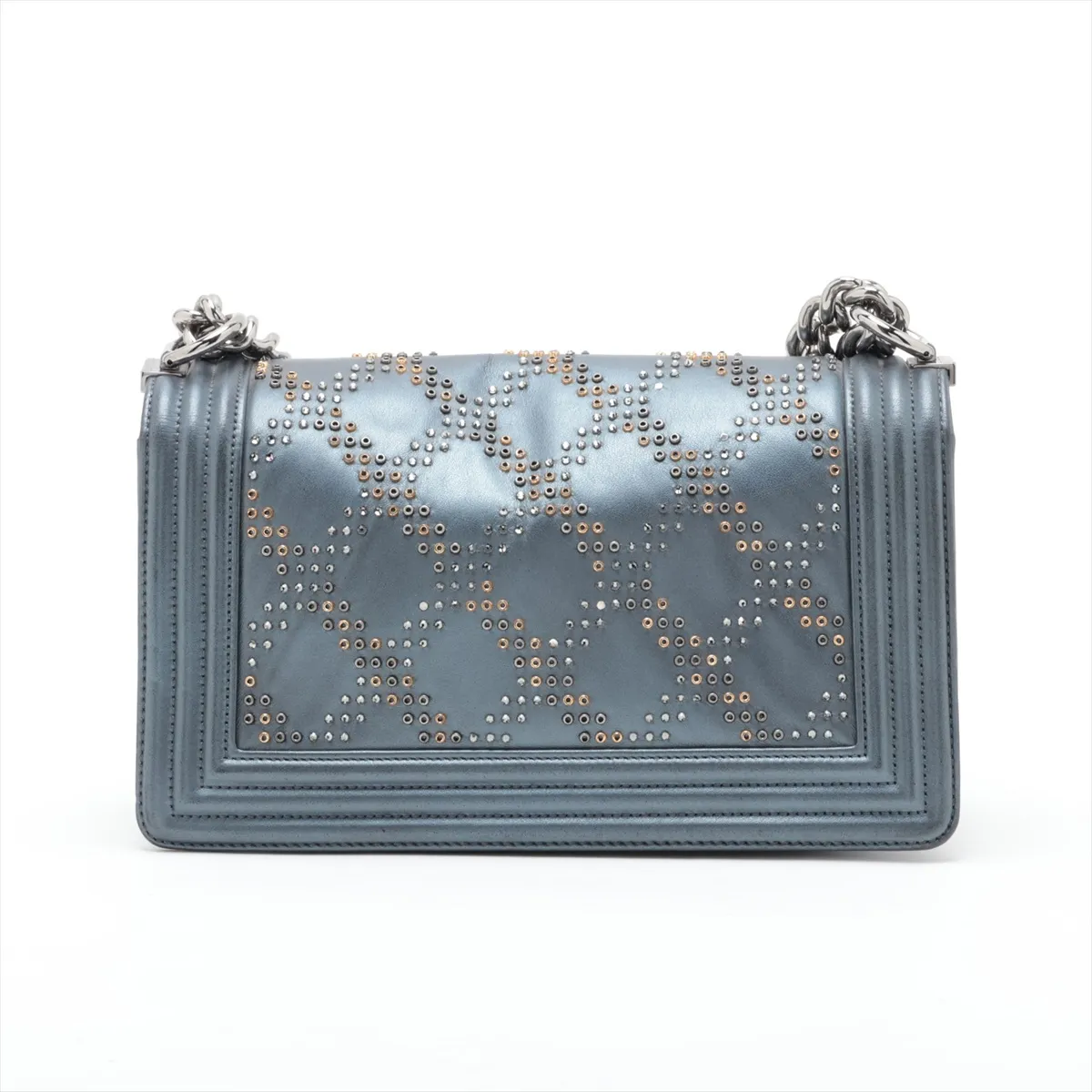 Boy Chanel 25 Lambskin x Rhinestone Chain Shoulder Bag, Gray, Silver Hardware, 25627401, Serial Number 25-series, A67086 — view 2