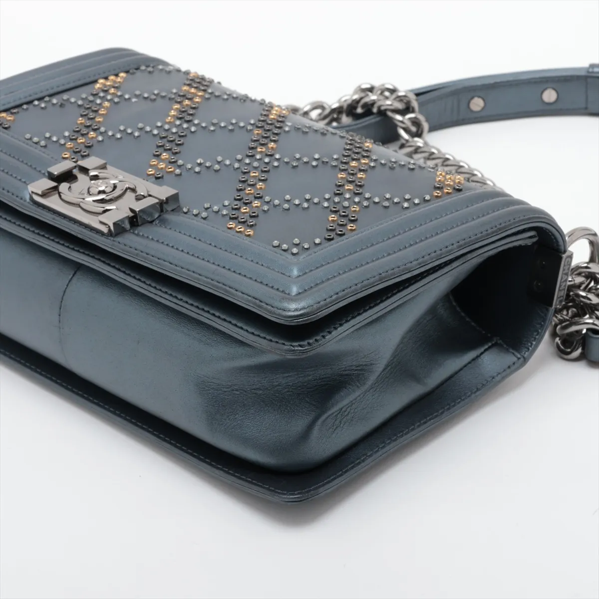 Boy Chanel 25 Lambskin x Rhinestone Chain Shoulder Bag, Gray, Silver Hardware, 25627401, Serial Number 25-series, A67086 — view 3