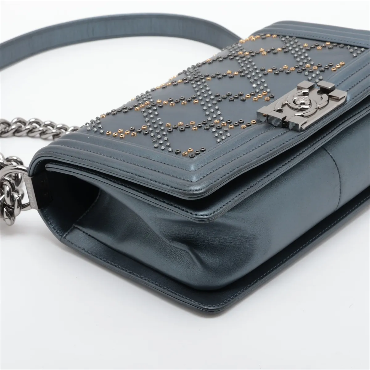 Boy Chanel 25 Lambskin x Rhinestone Chain Shoulder Bag, Gray, Silver Hardware, 25627401, Serial Number 25-series, A67086 — view 4