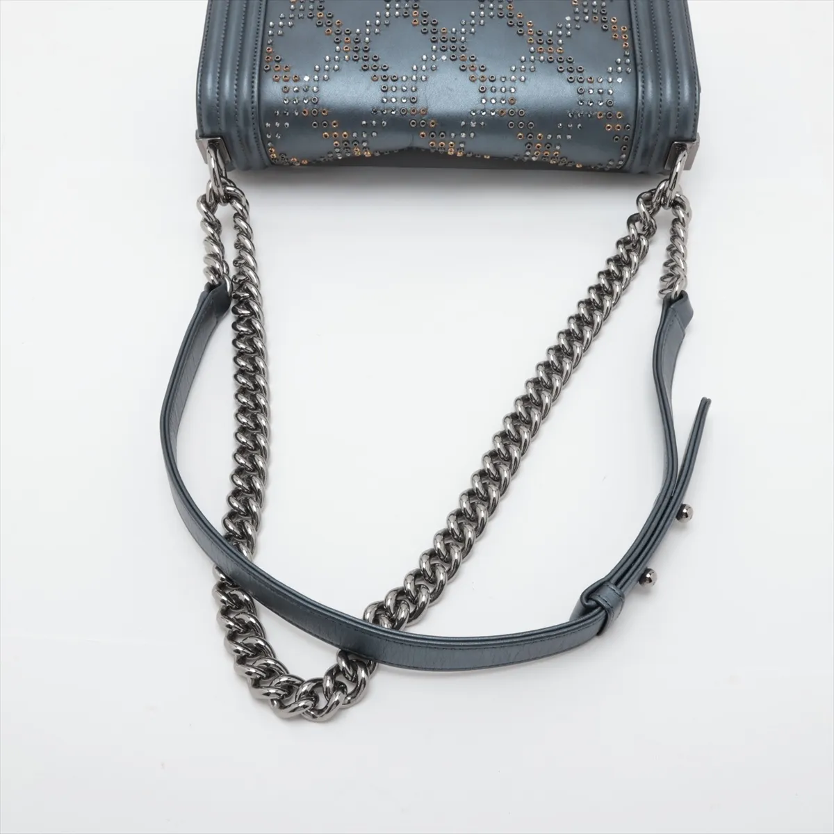 Boy Chanel 25 Lambskin x Rhinestone Chain Shoulder Bag, Gray, Silver Hardware, 25627401, Serial Number 25-series, A67086 — view 5