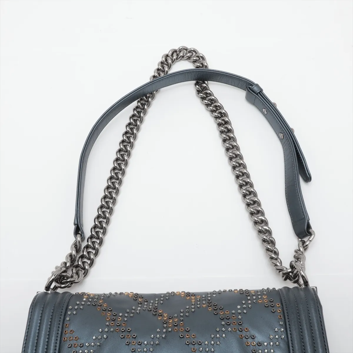 Boy Chanel 25 Lambskin x Rhinestone Chain Shoulder Bag, Gray, Silver Hardware, 25627401, Serial Number 25-series, A67086 — view 6