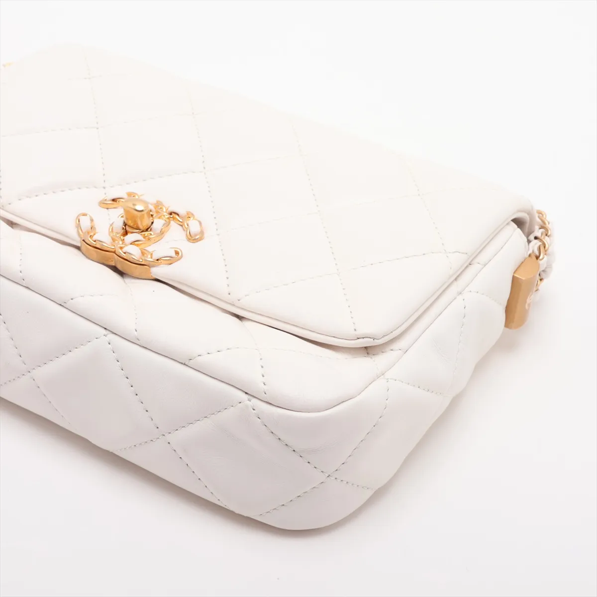Mini Matelassé Lambskin Chain Shoulder Bag, White with Gold Hardware, AX8HKK8K, Random Plate — view 3