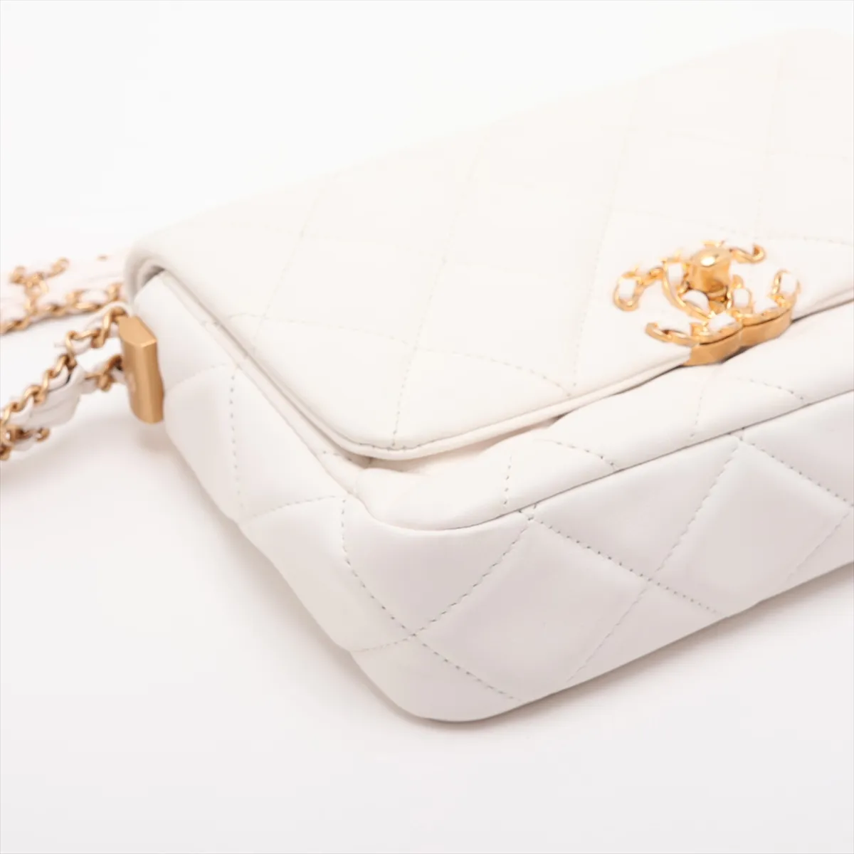 Mini Matelassé Lambskin Chain Shoulder Bag, White with Gold Hardware, AX8HKK8K, Random Plate — view 4