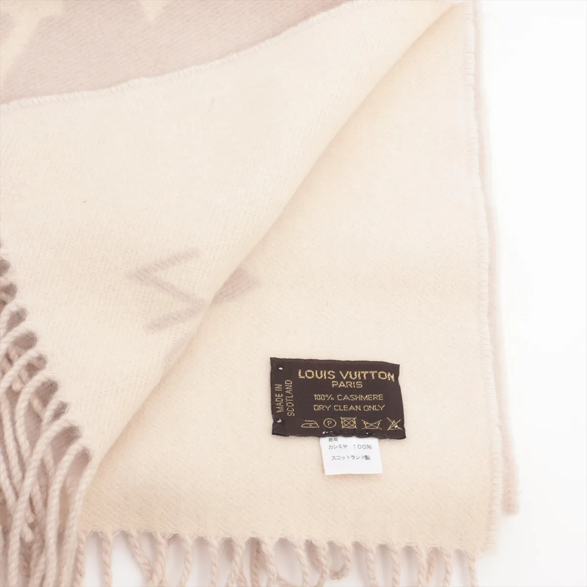 cashmere scarf, gray x ivory. Shows wear, — view 2