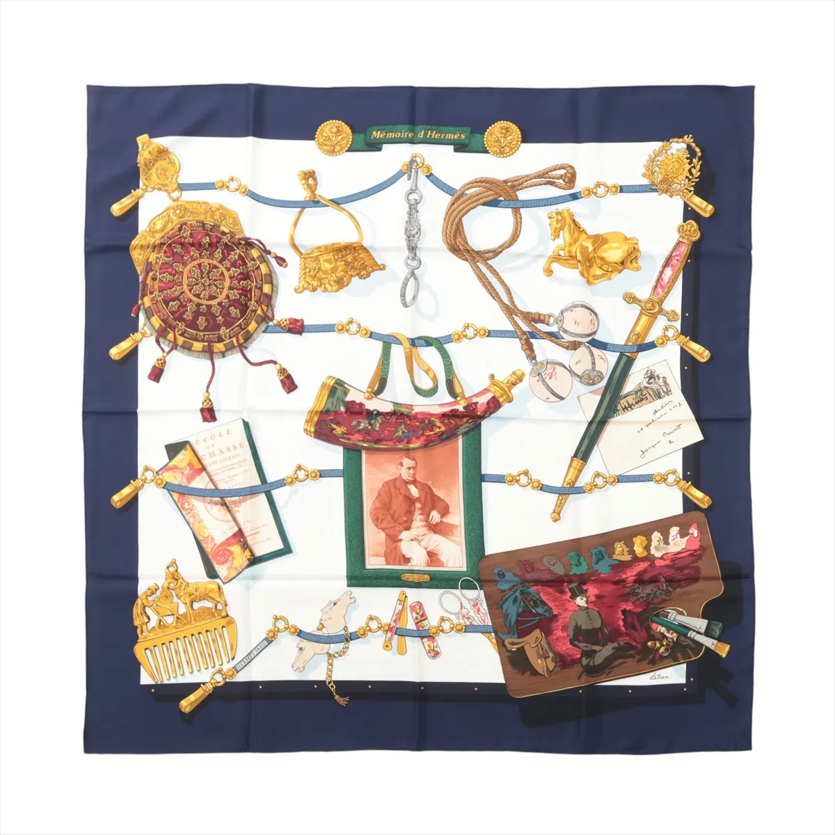 Carre 90 Memoire d'Hermes scarf, silk, navy. Shows signs of wear,