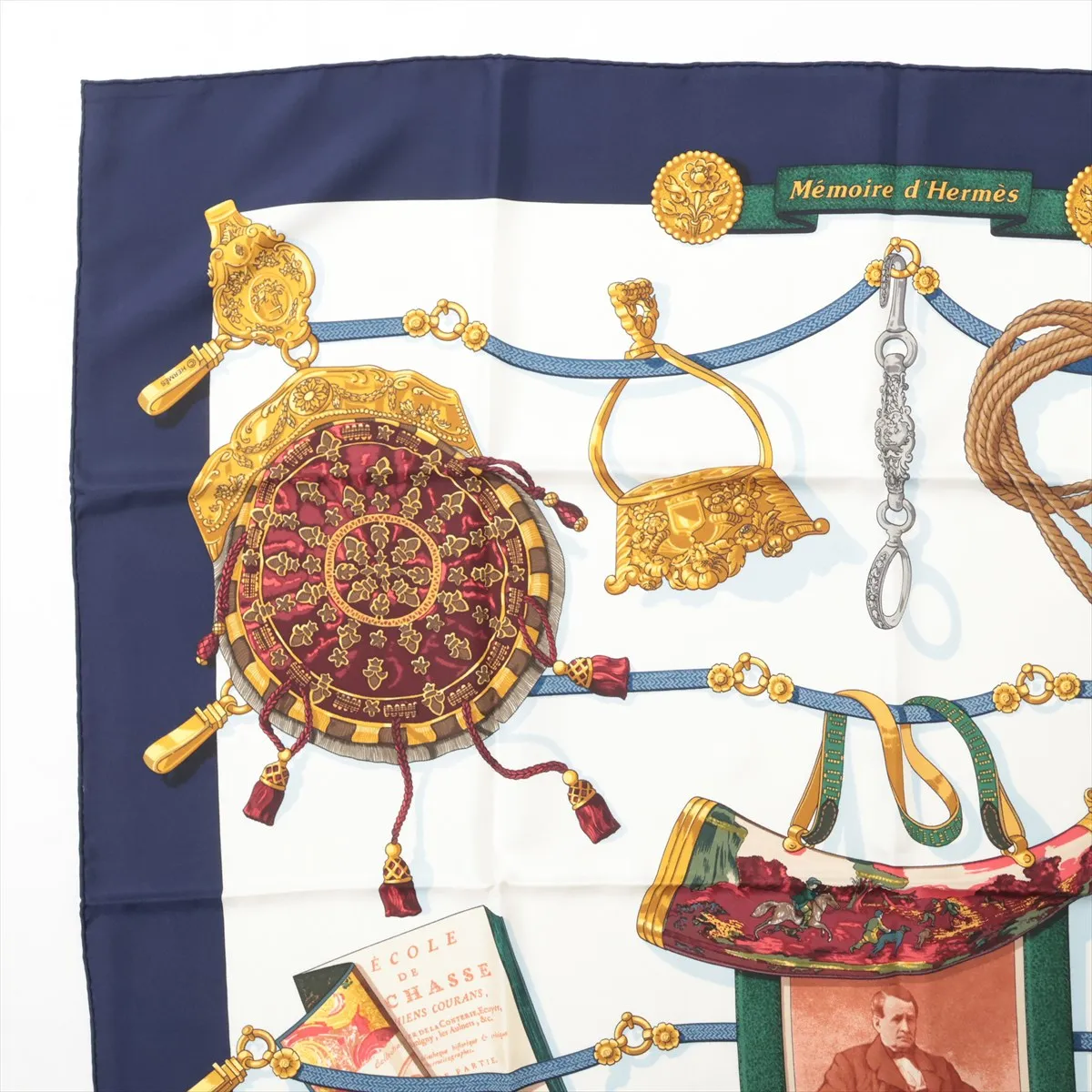 Carre 90 Memoire d'Hermes scarf, silk, navy. Shows signs of wear, — view 2