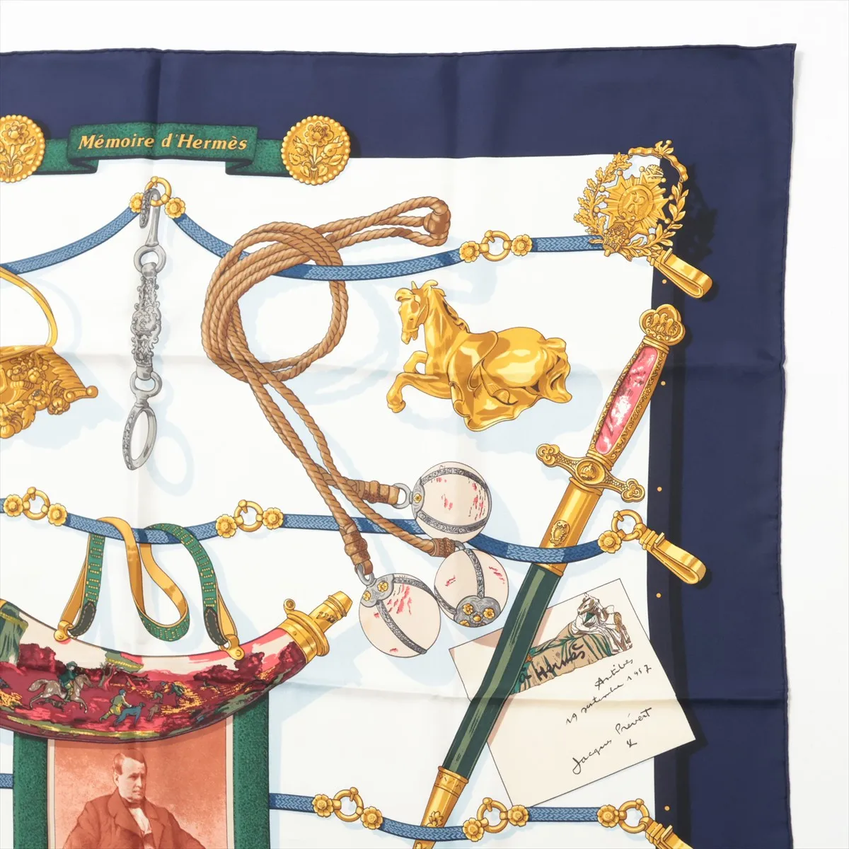 Carre 90 Memoire d'Hermes scarf, silk, navy. Shows signs of wear, — view 3