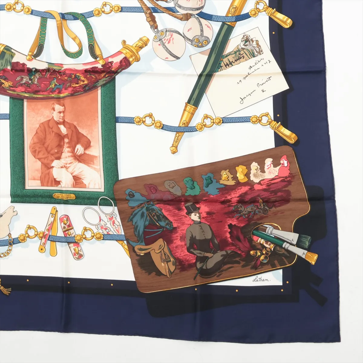 Carre 90 Memoire d'Hermes scarf, silk, navy. Shows signs of wear, — view 4