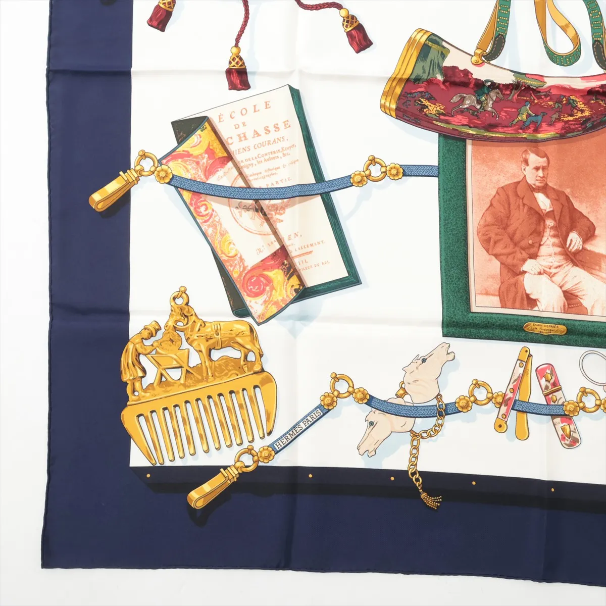 Carre 90 Memoire d'Hermes scarf, silk, navy. Shows signs of wear, — view 5