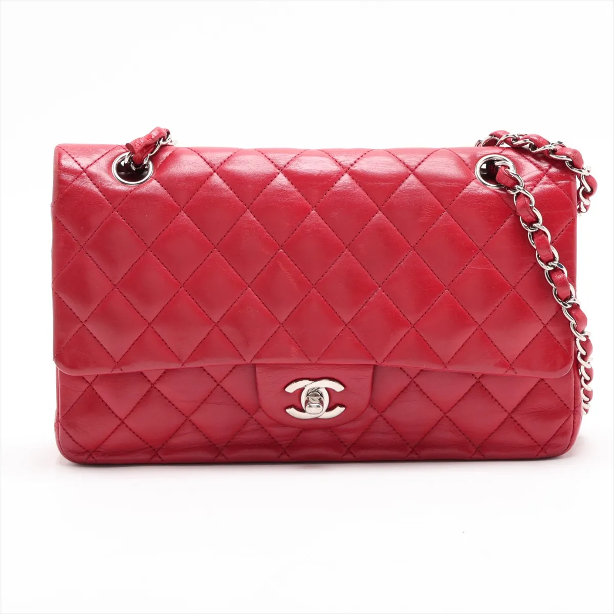 Matelassé 25 Lambskin Double Flap Double Chain Bag, Red, Silver Hardware, A01112