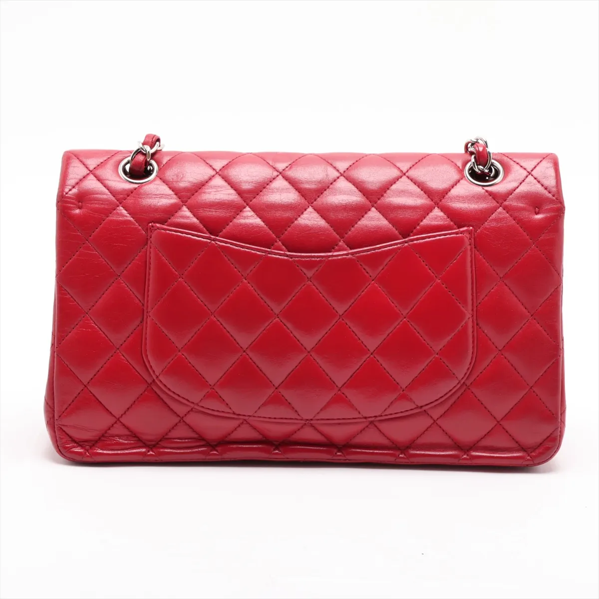Matelassé 25 Lambskin Double Flap Double Chain Bag, Red, Silver Hardware, A01112 — view 2