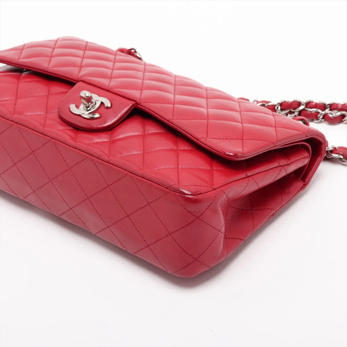 Matelassé 25 Lambskin Double Flap Double Chain Bag, Red, Silver Hardware, A01112 — view 3